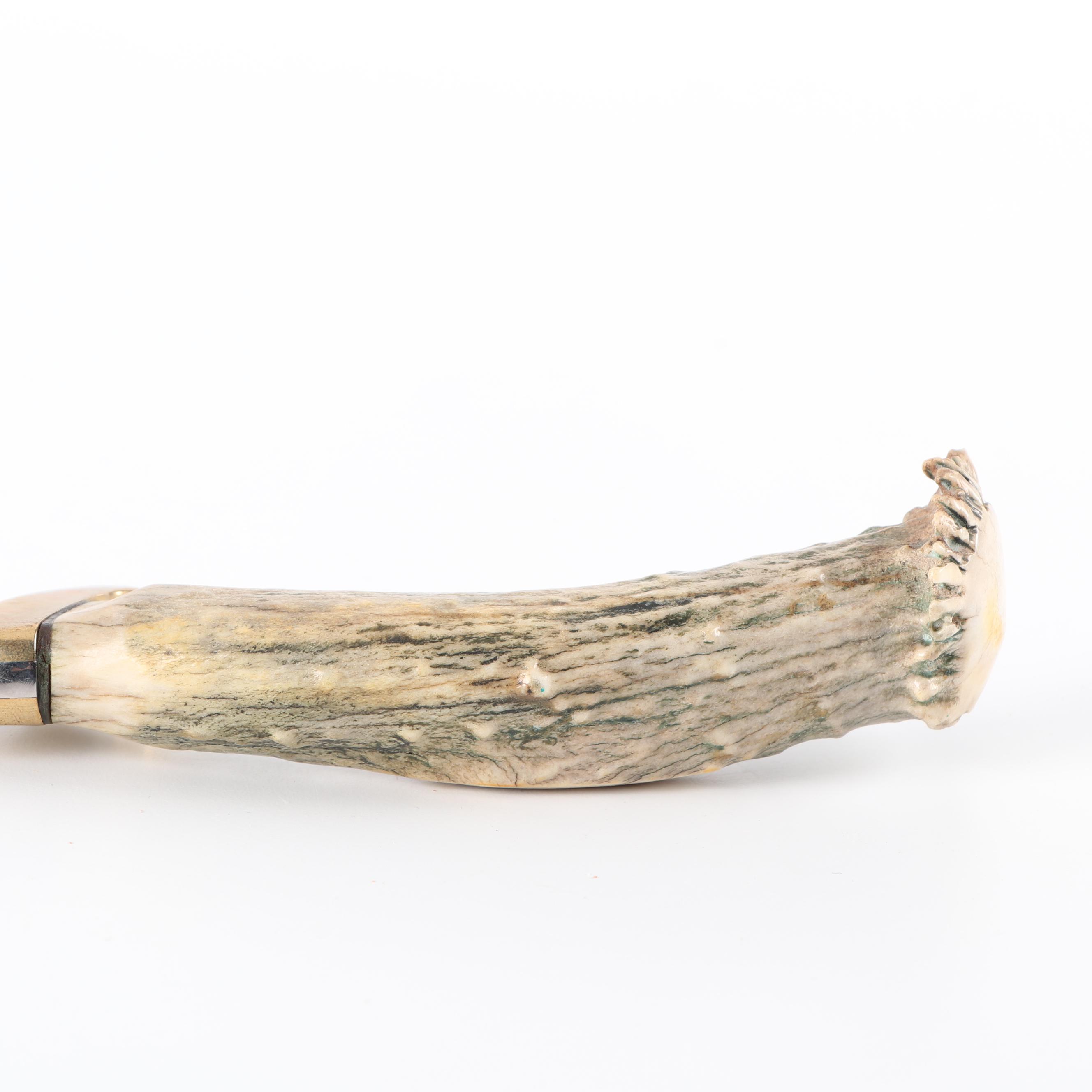 Antler Handled Hunting Knife with Fringed Suede Sheath