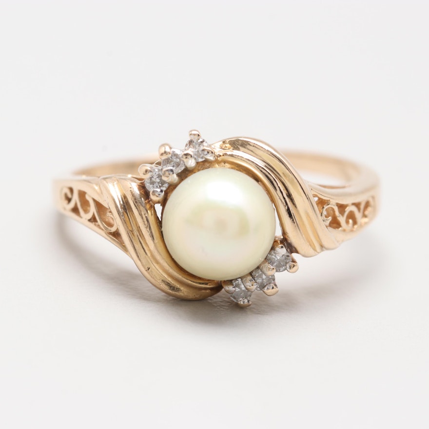 14K Yellow Gold Cultured Pearl and Diamond Ring