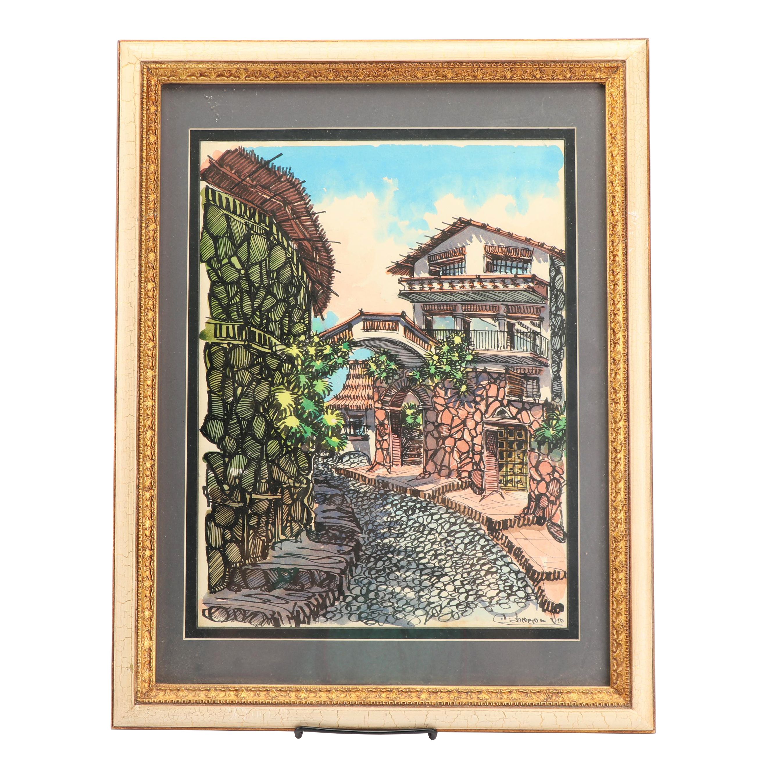 Mid-Century Watercolor and Ink Painting