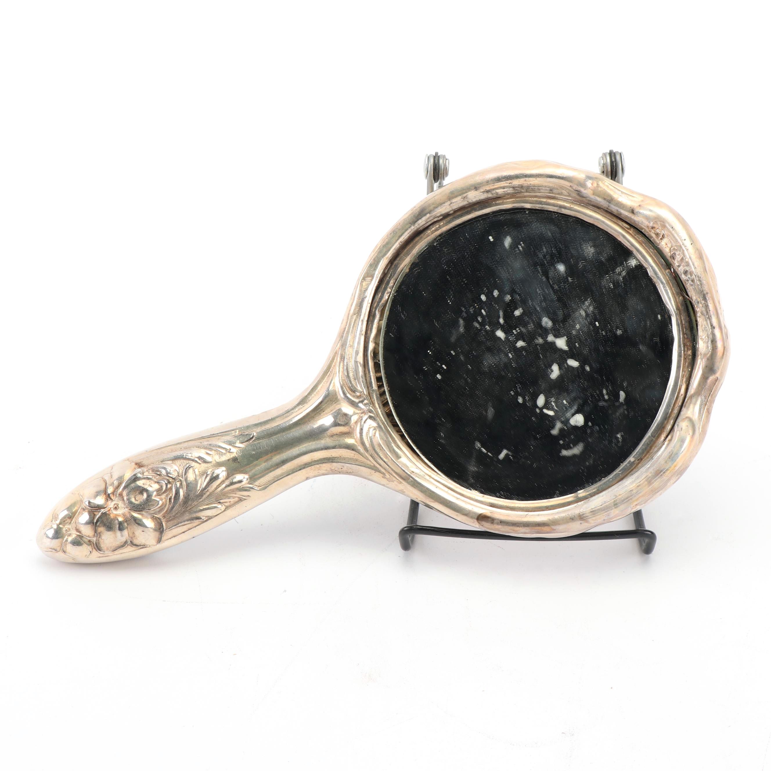 Antique Empire Art Silver Plate Vanity Hand Mirror