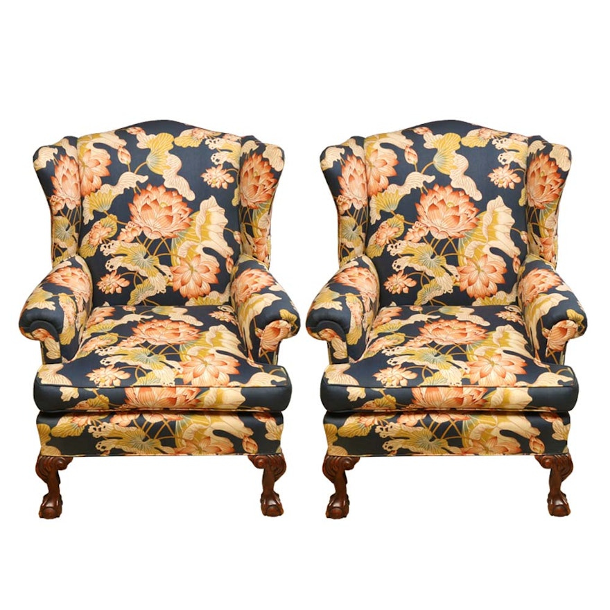 Chippendale Style Floral Wingback Chairs