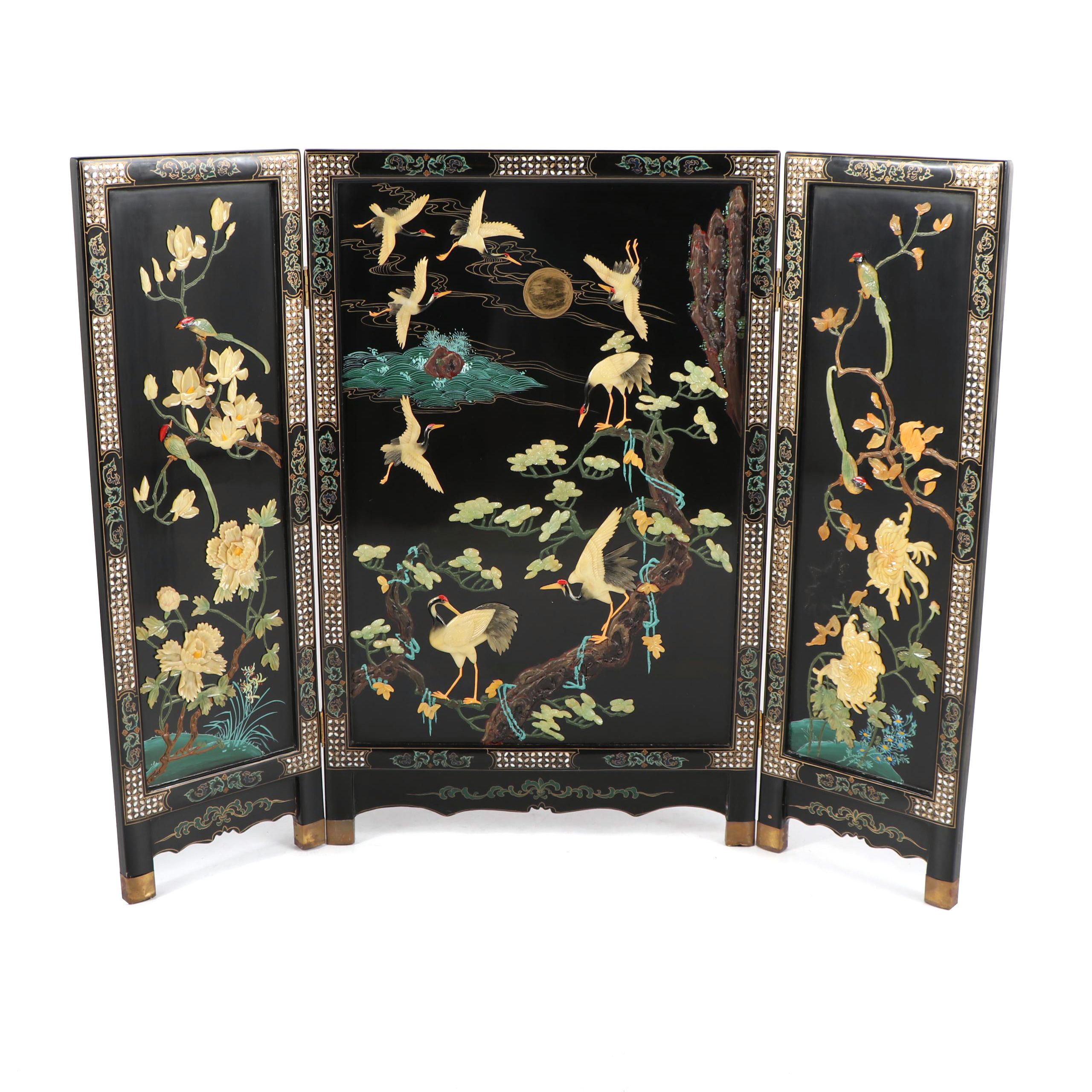 Chinese Carved Stone and Lacquered Crane Motif Screen