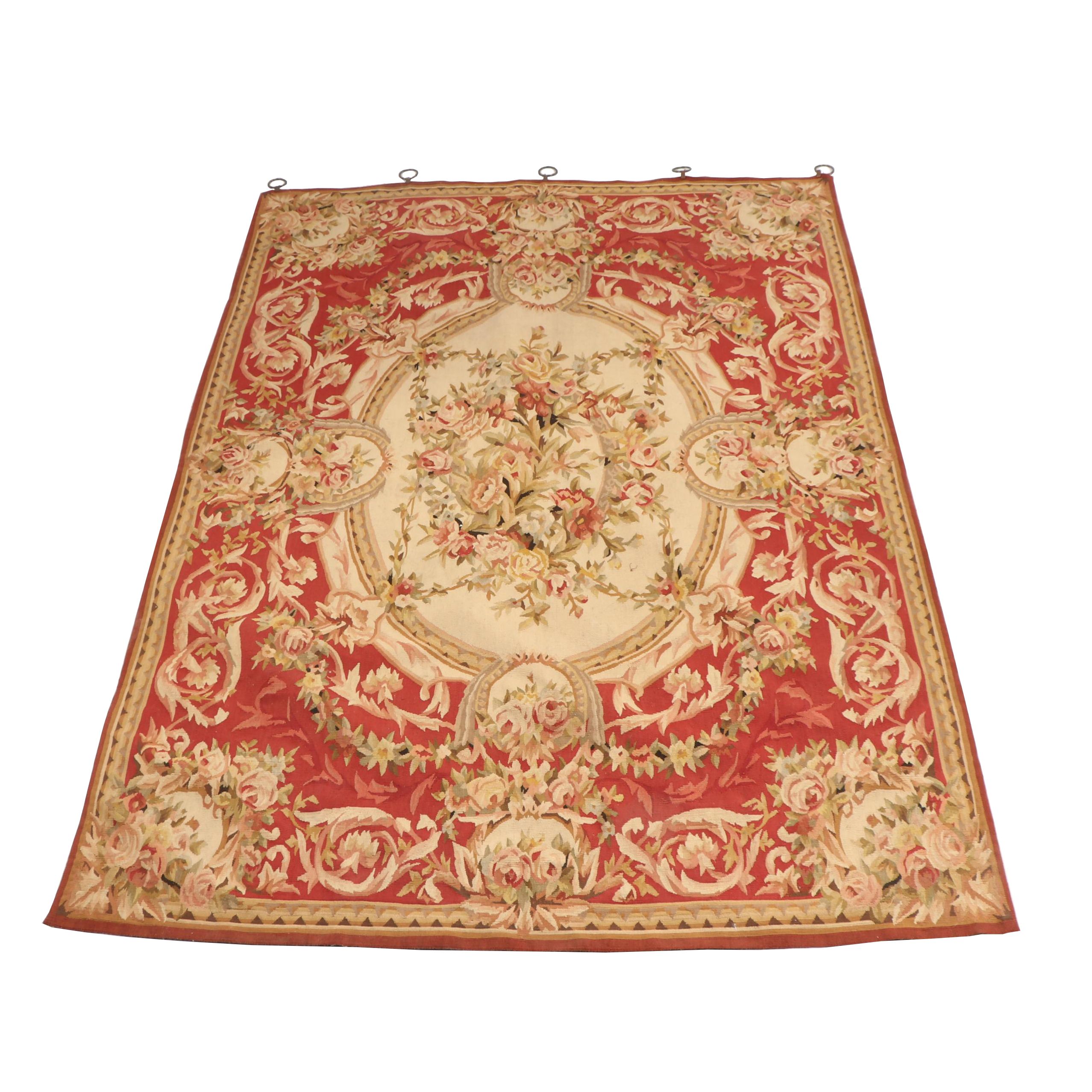 Needlepoint Aubusson-Style Wool Area Rug with Hanging Clips