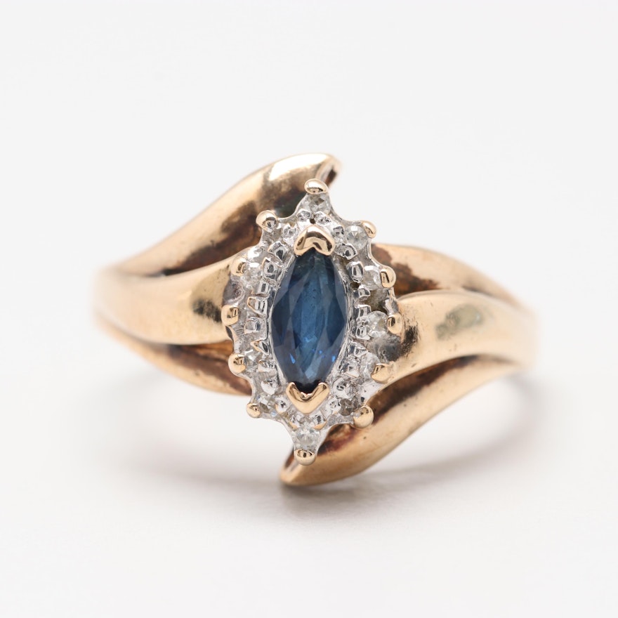 10K Yellow Gold Blue Sapphire and Diamond Ring