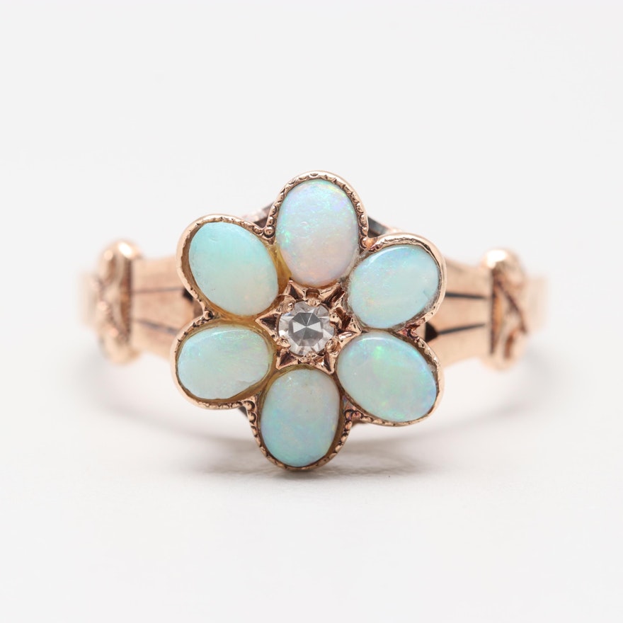 Victorian 14K Rose Gold Diamond and Opal Flower Ring