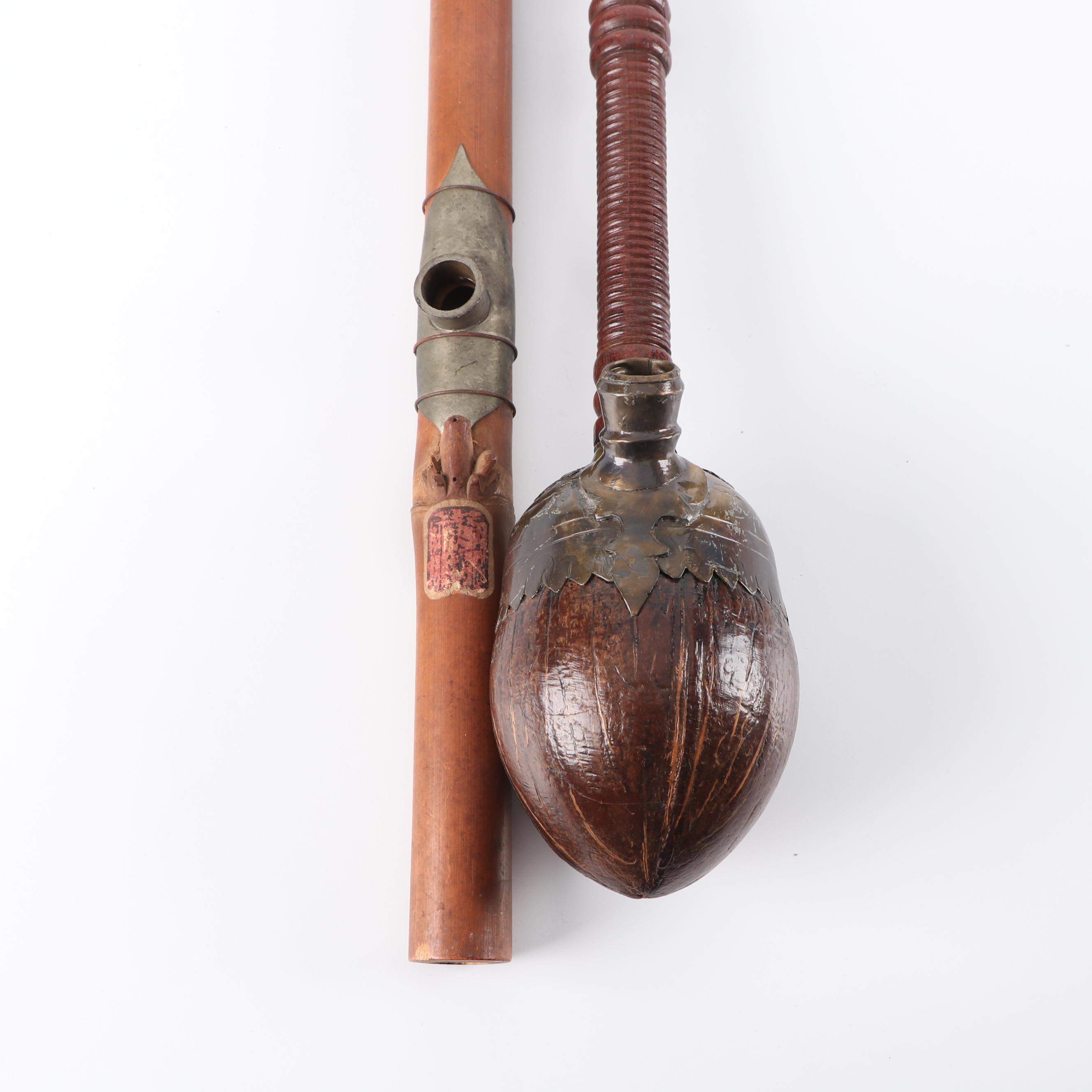 Carved Wood, Metal and Porcelain Water Pipes with Lacquer Box