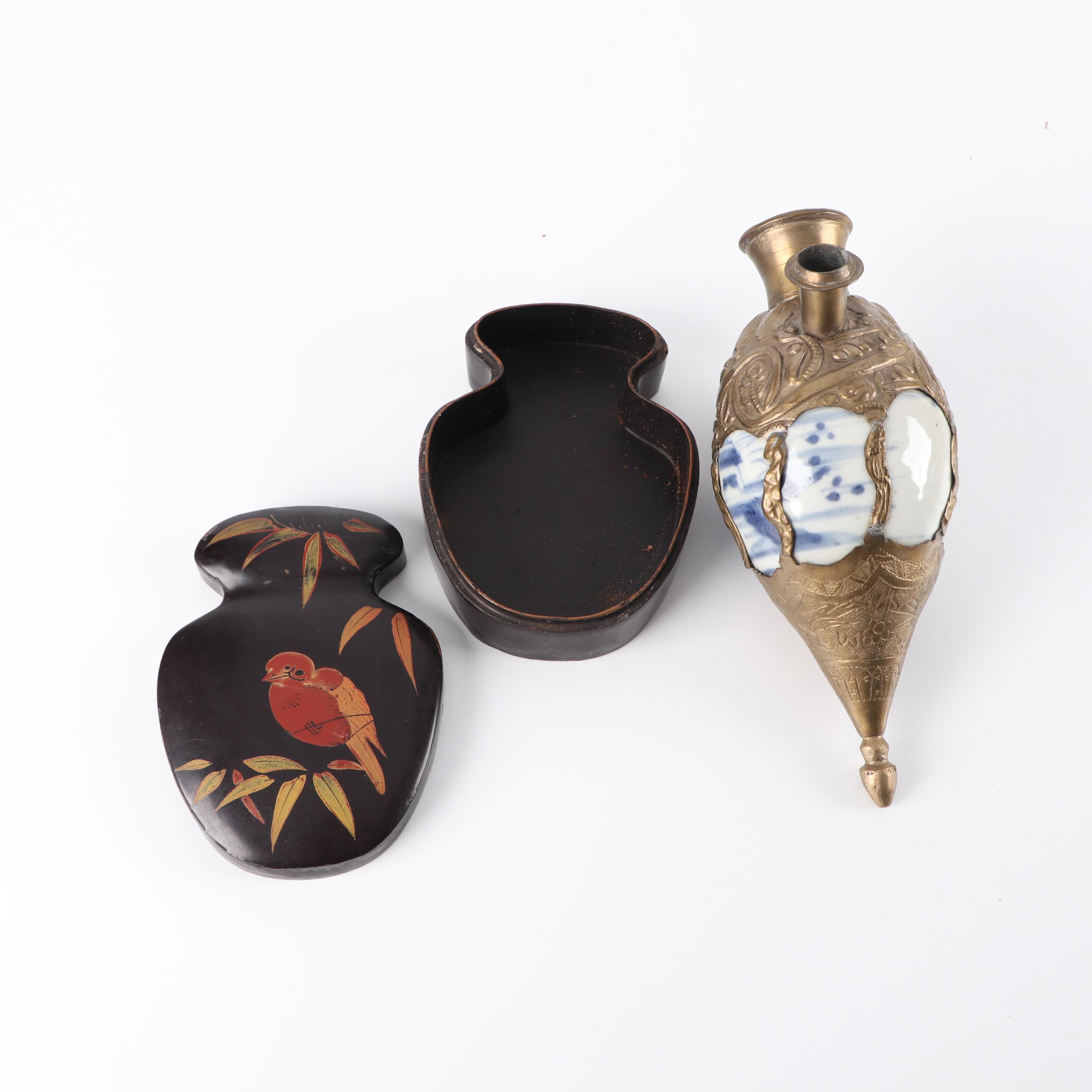 Carved Wood, Metal and Porcelain Water Pipes with Lacquer Box