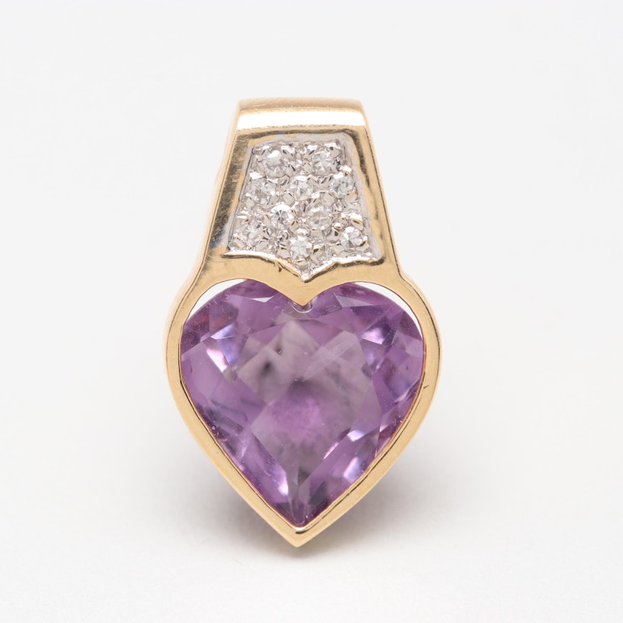 14K Yellow Gold Amethyst and Diamond Pendant