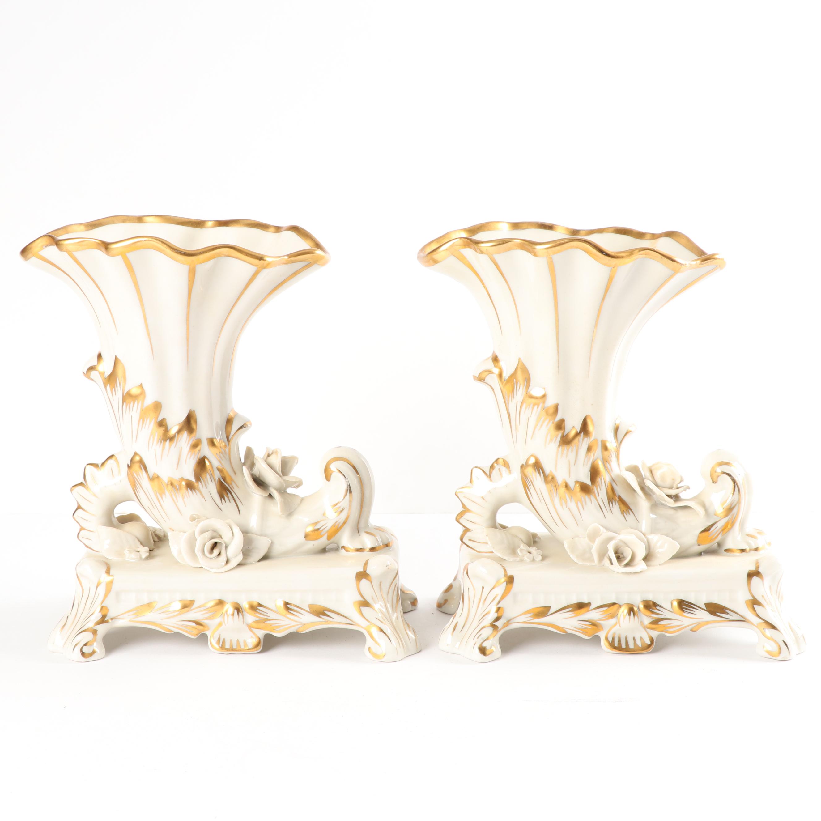 Vintage Old Paris Style Porcelain Footed Gilded Cornucopia Vases
