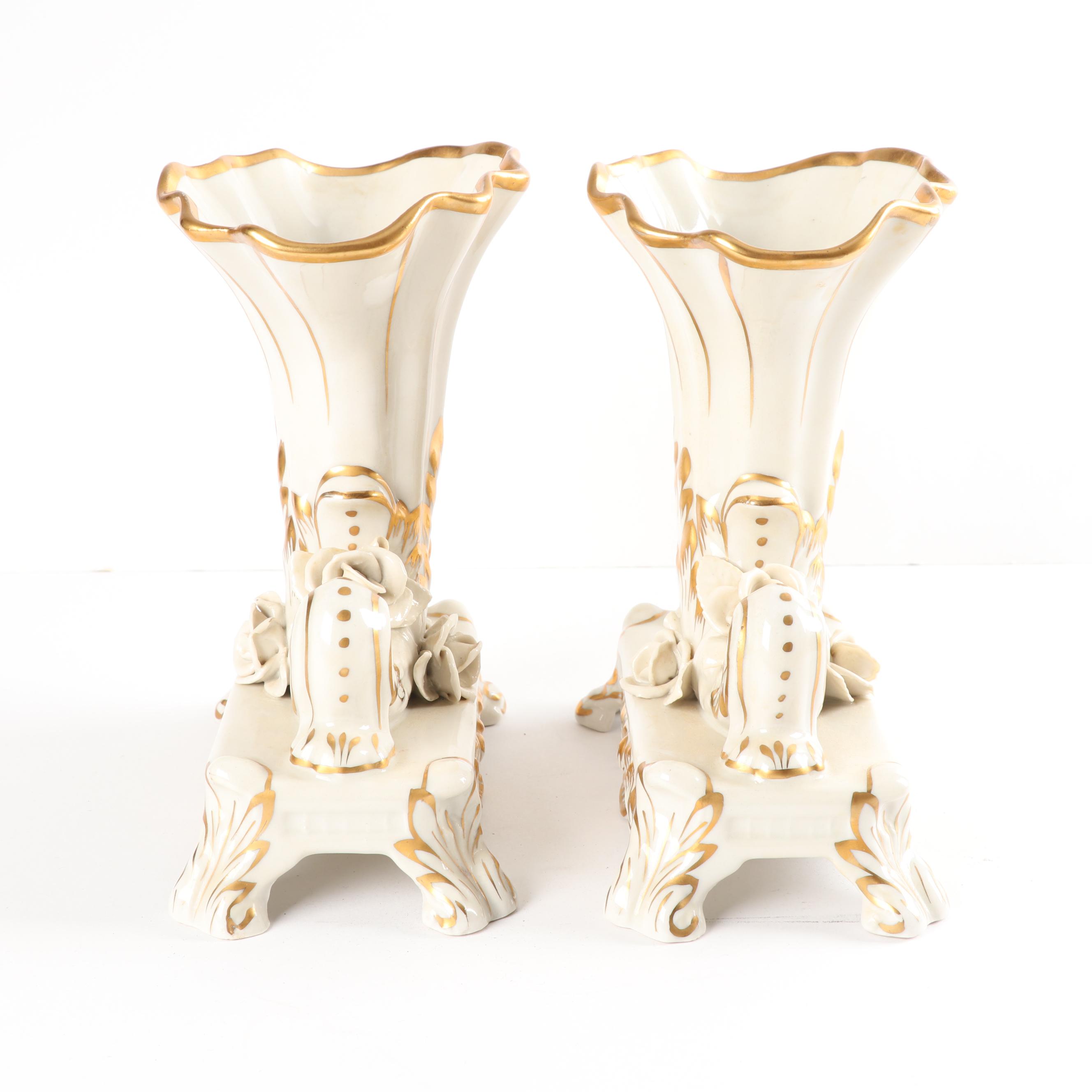 Vintage Old Paris Style Porcelain Footed Gilded Cornucopia Vases