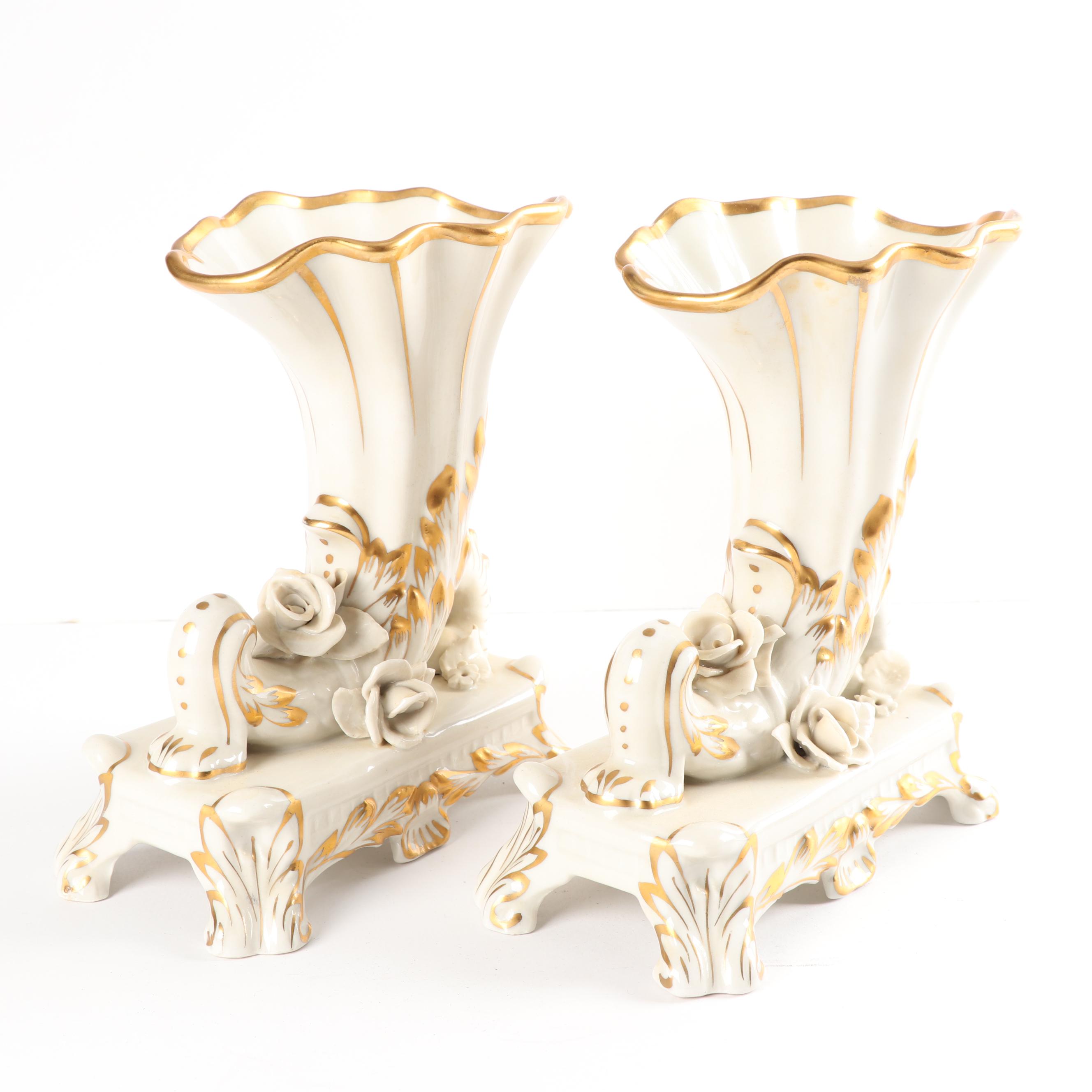 Vintage Old Paris Style Porcelain Footed Gilded Cornucopia Vases