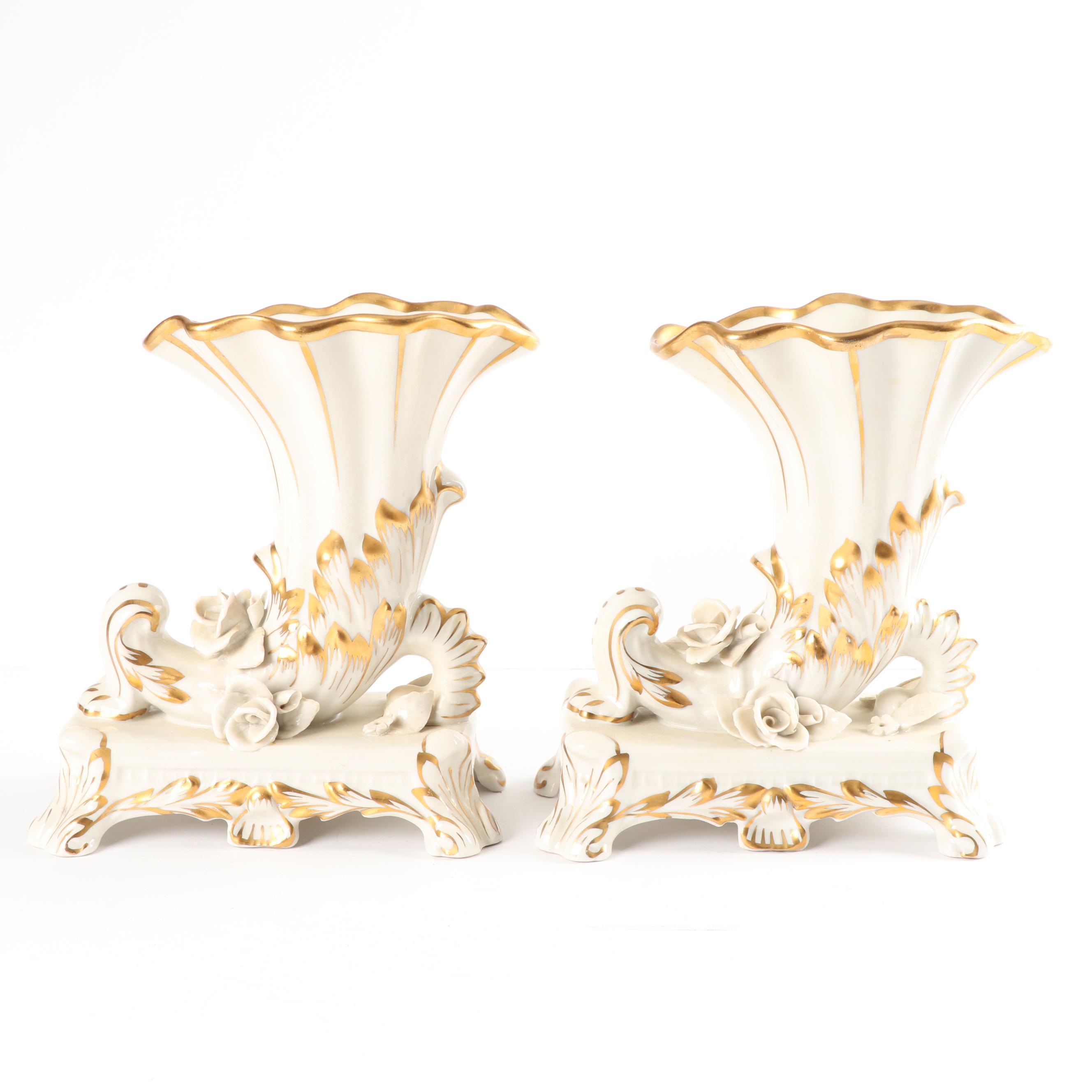 Vintage Old Paris Style Porcelain Footed Gilded Cornucopia Vases
