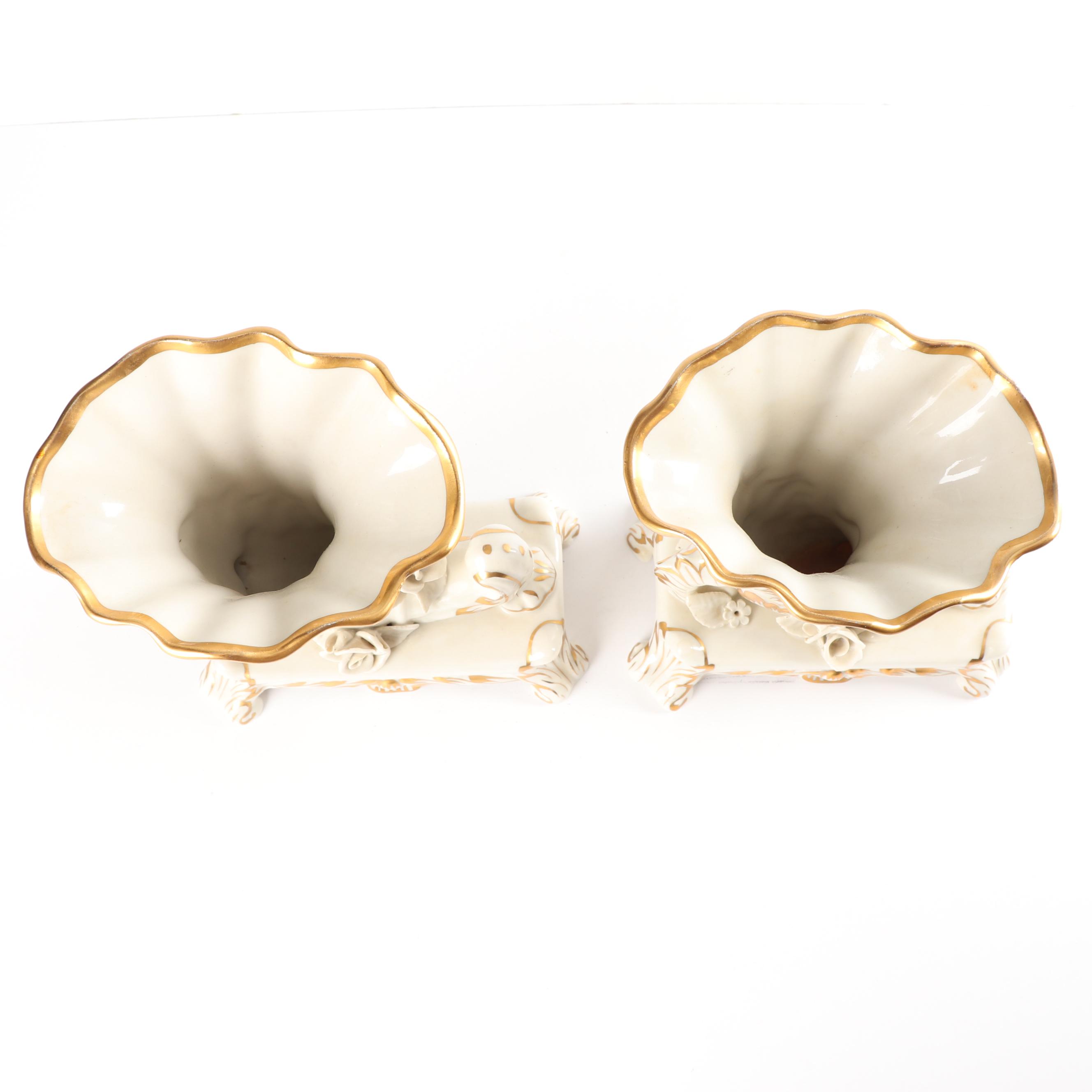 Vintage Old Paris Style Porcelain Footed Gilded Cornucopia Vases