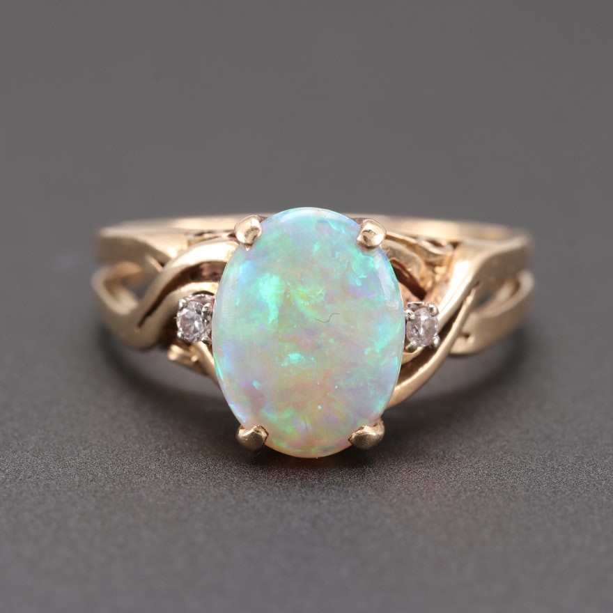 14K Yellow Gold Opal and Diamond Ring