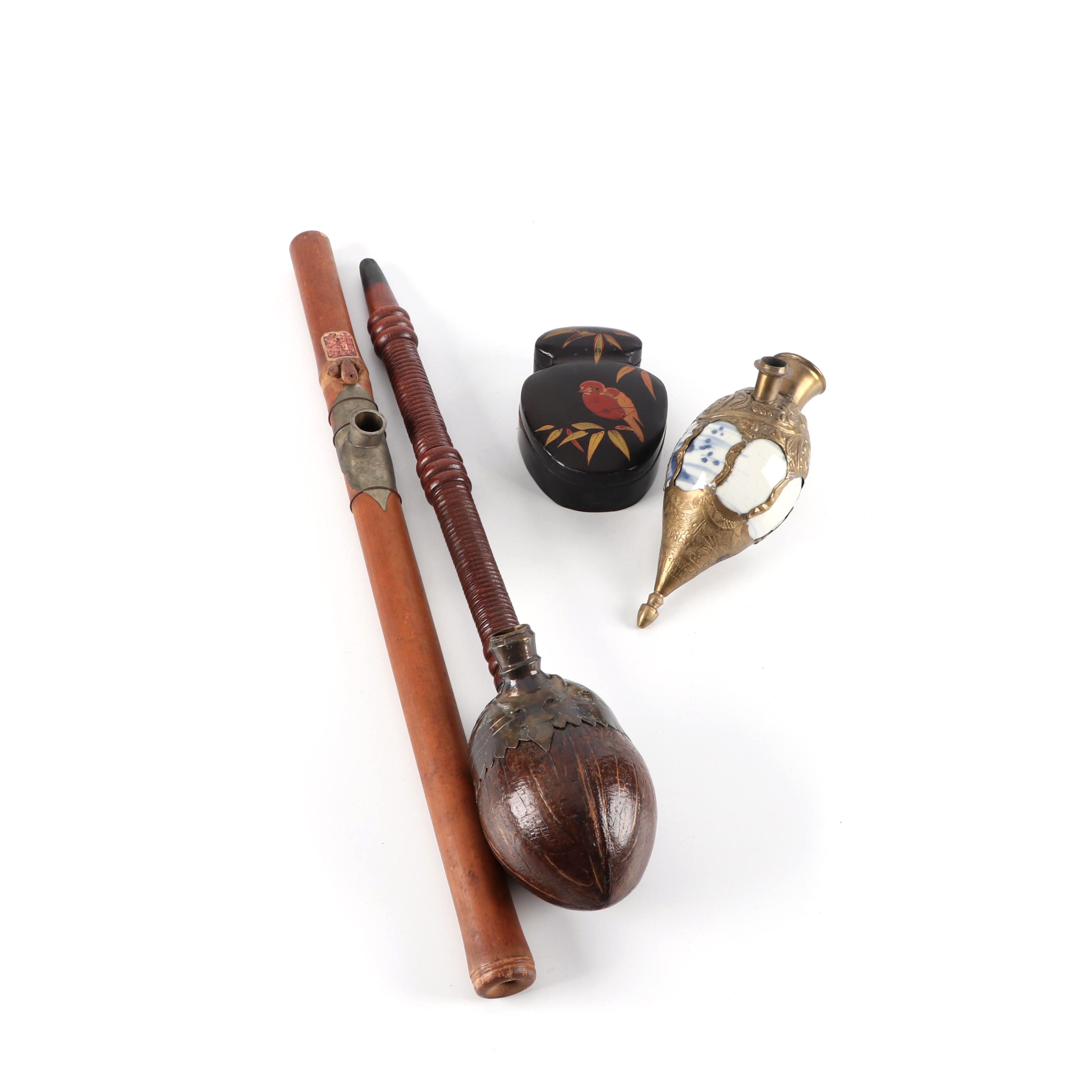 Carved Wood, Metal and Porcelain Water Pipes with Lacquer Box