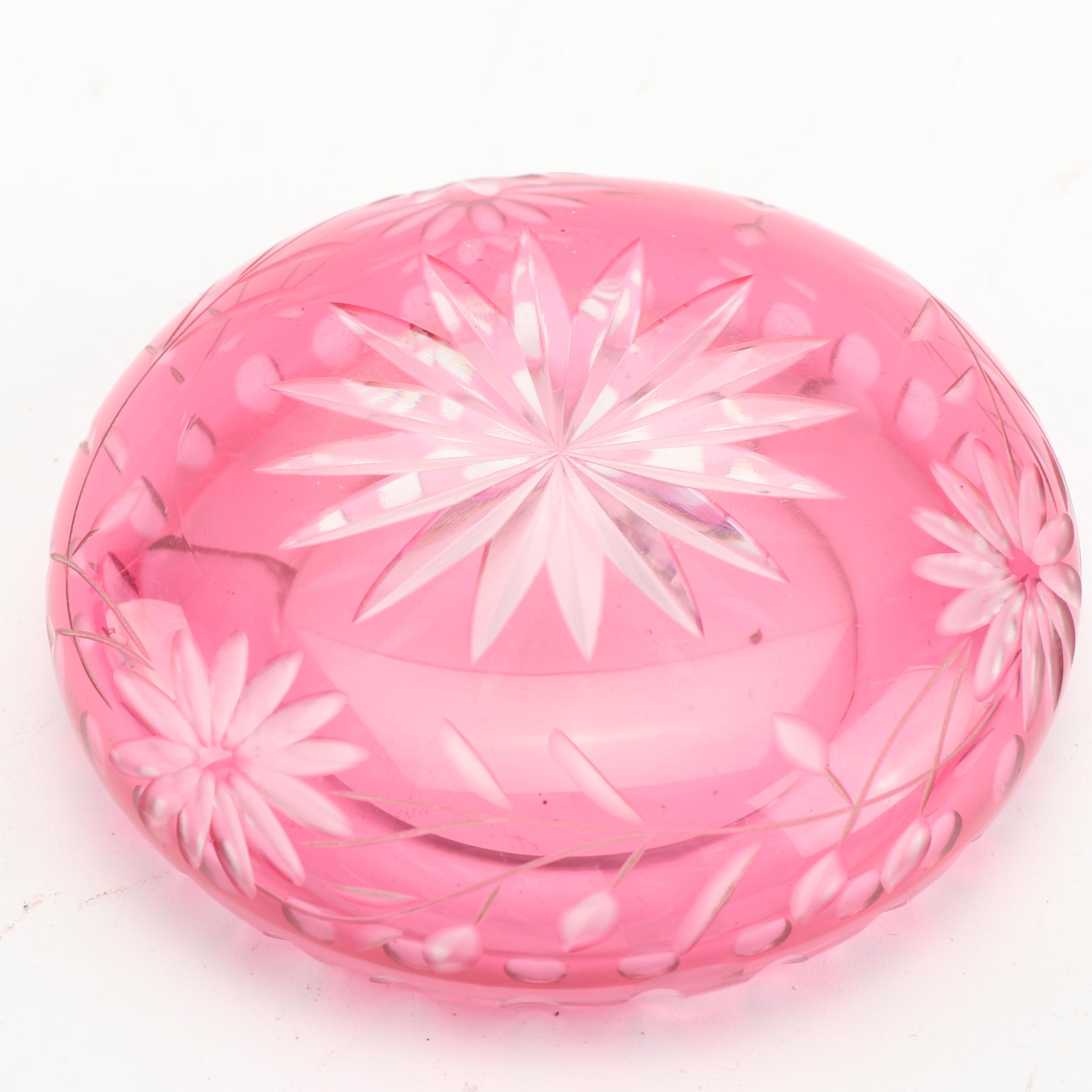 Vintage Cased Cranberry Cut To Clear Crystal Ash Receiver