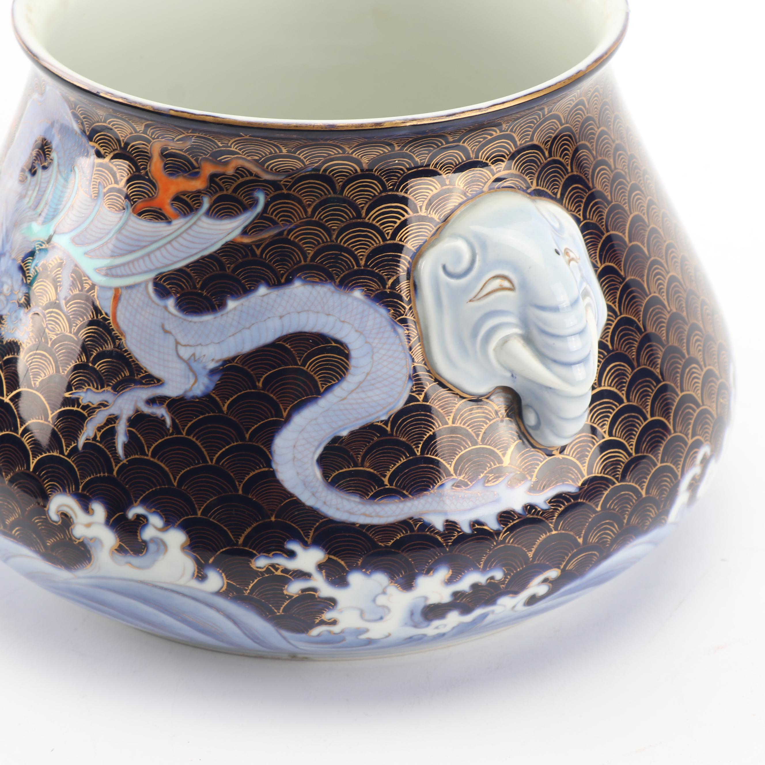 Japanese Fukagawa Hand-Painted Ceramic Jar with Dragon Motif