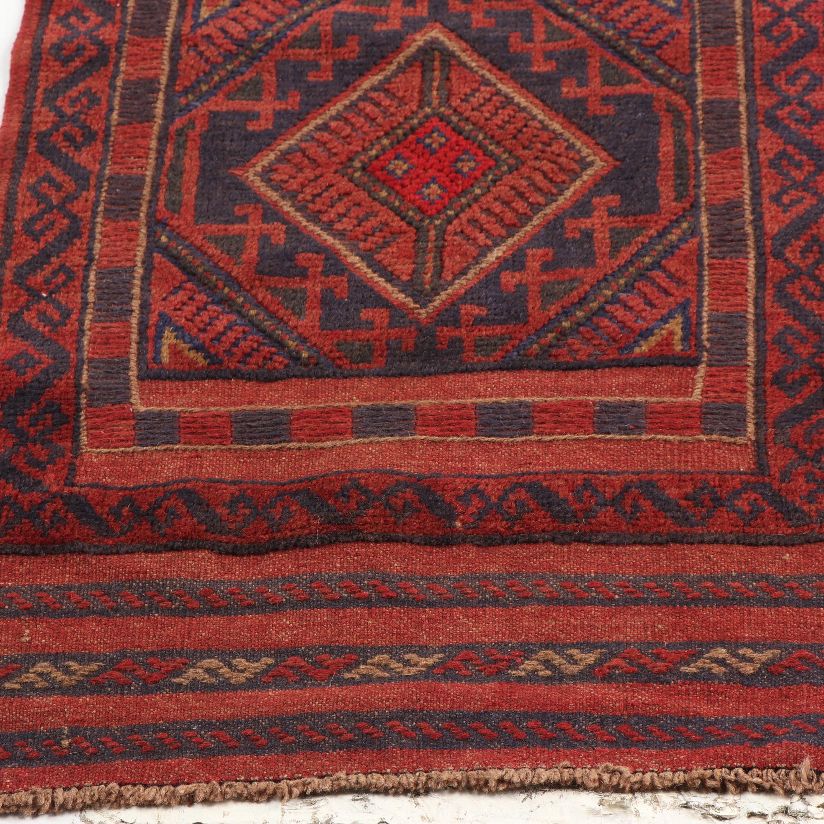 Hand-Knotted and Embroidered Baluch Mashwani Wool Carpet Runner