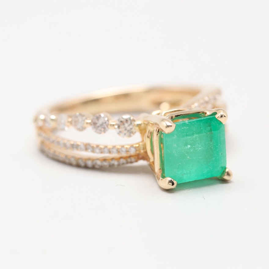 14K Yellow Gold Emerald and Diamond Ring