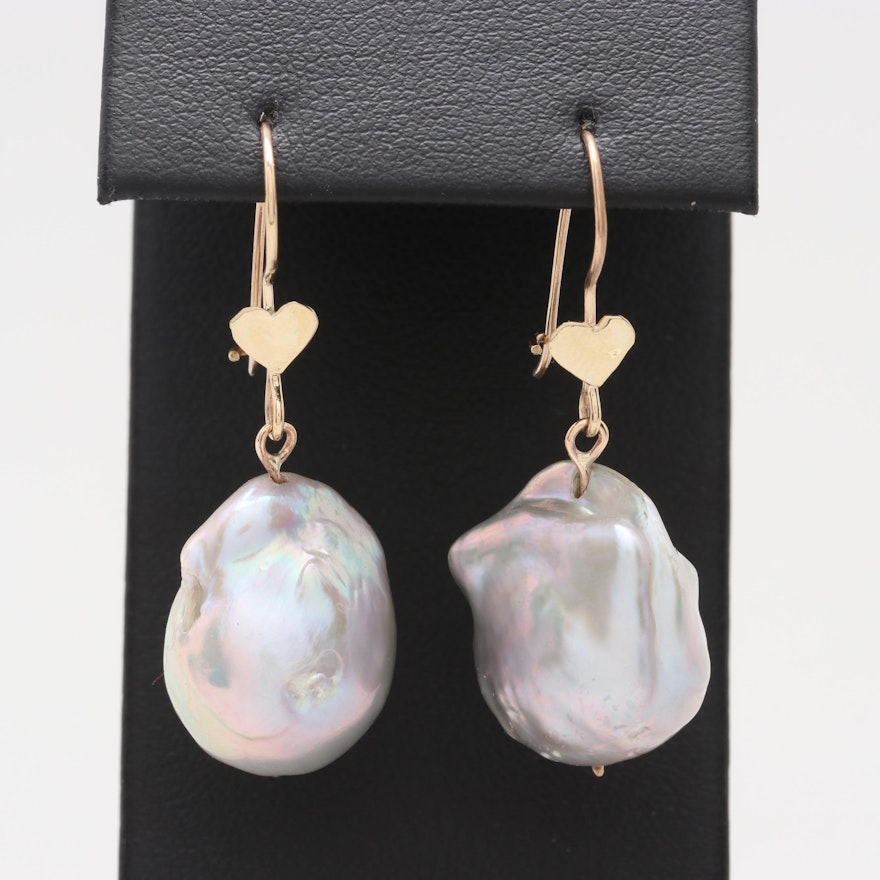 14K Yellow Gold Cultured Pearl Heart Motif Earrings