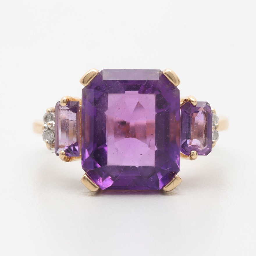 14K Yellow Gold Amethyst and Diamond Ring