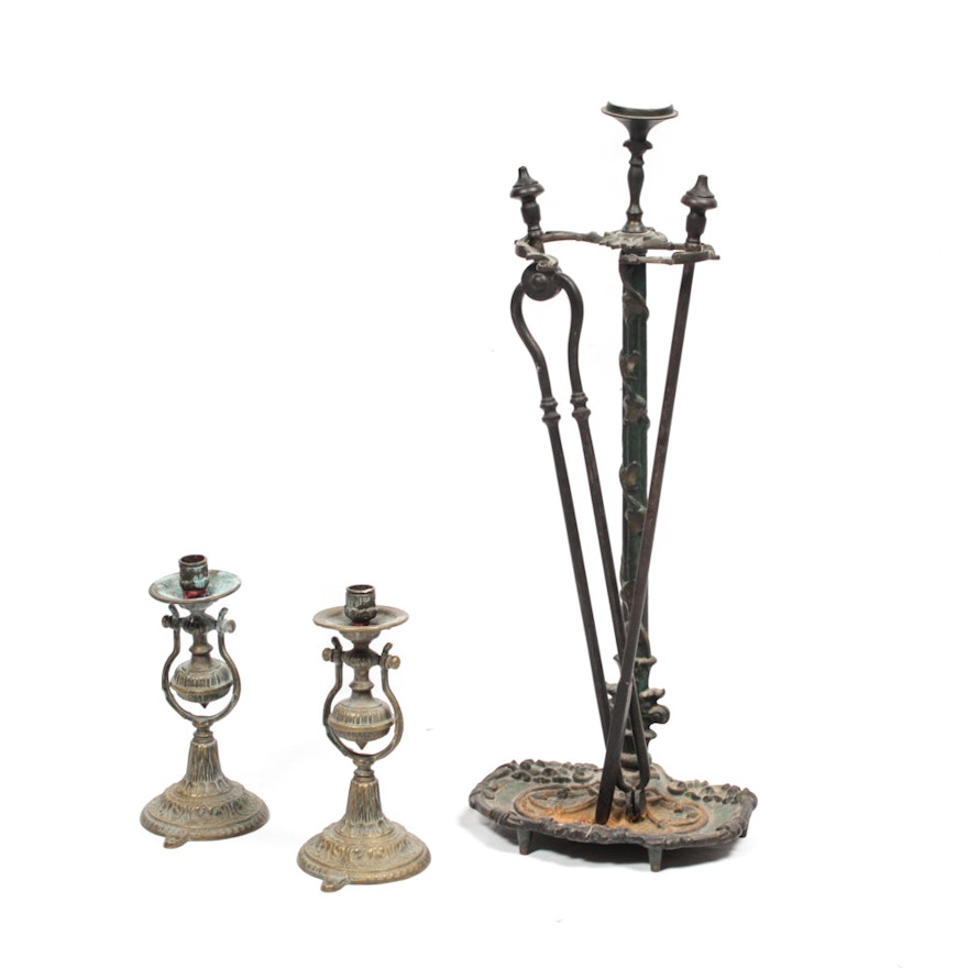 Victorian Brass Ship's Candlesticks with Cast Iron Fireplace Tool Set