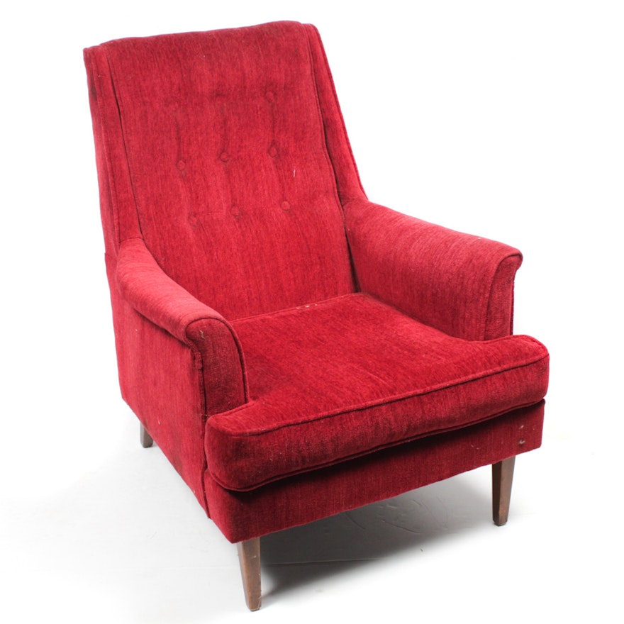 Mid Century Modern Red Chenille Upholstered Armchair