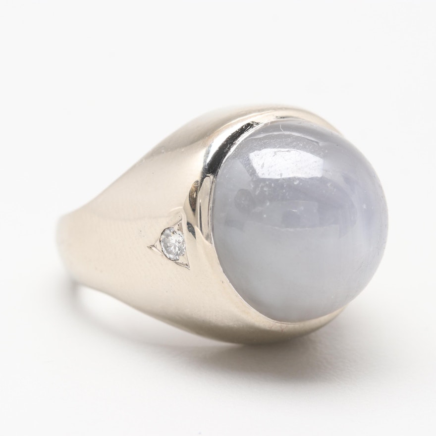 14K White Gold 38.54 CT Star Sapphire and Diamond Ring