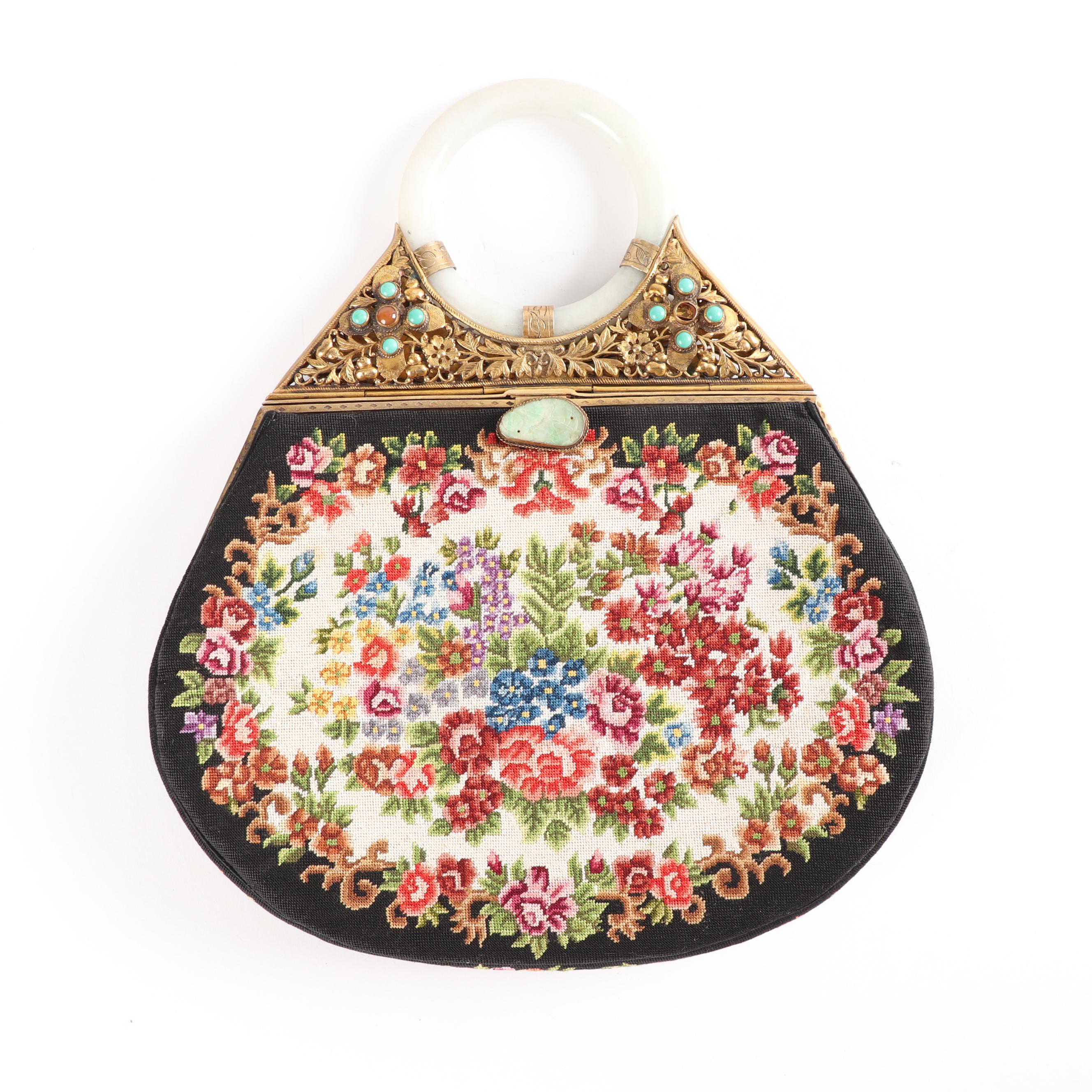 Vintage Needlepoint Purse with Jadeite Handle and Gemstone Accents