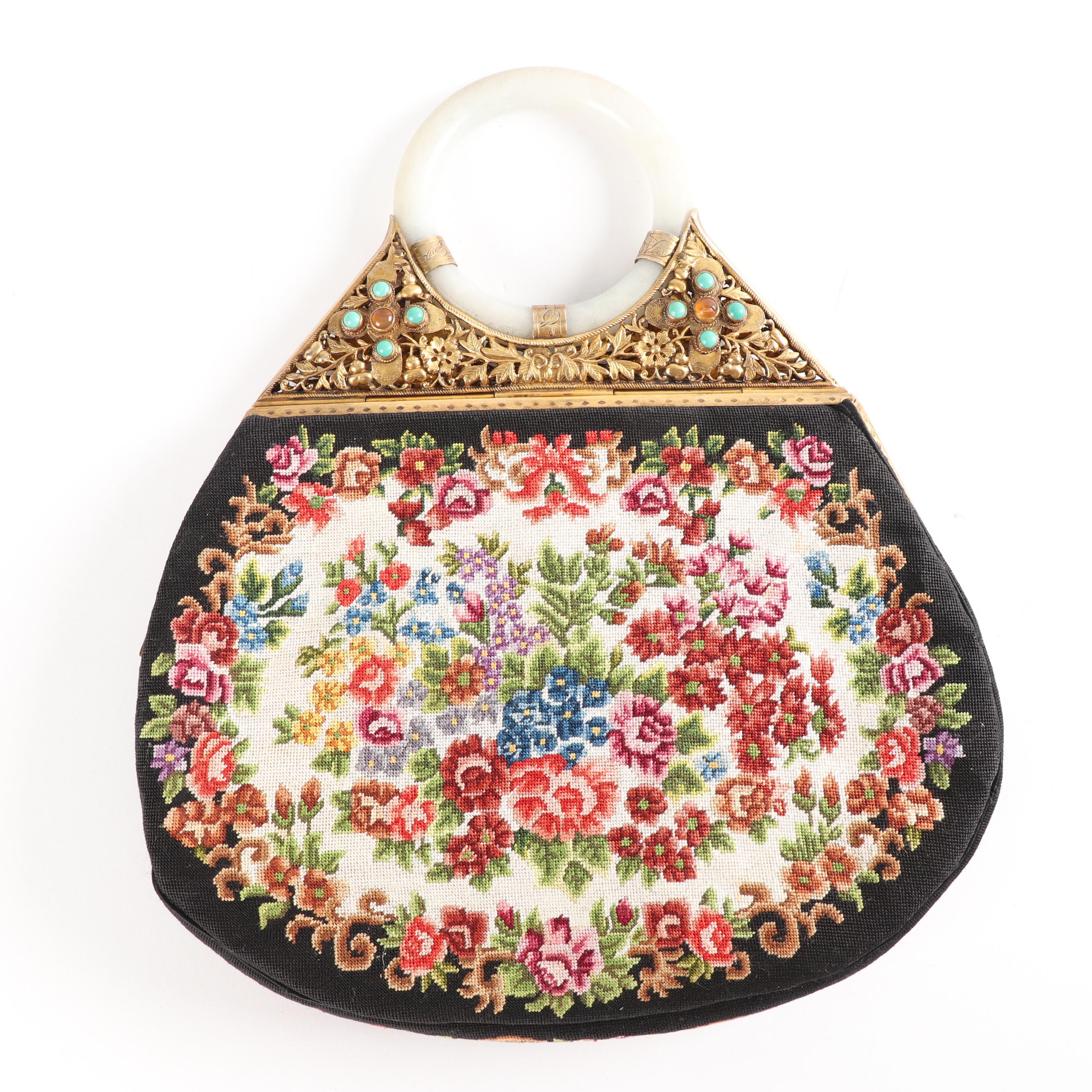 Vintage Needlepoint Purse with Jadeite Handle and Gemstone Accents