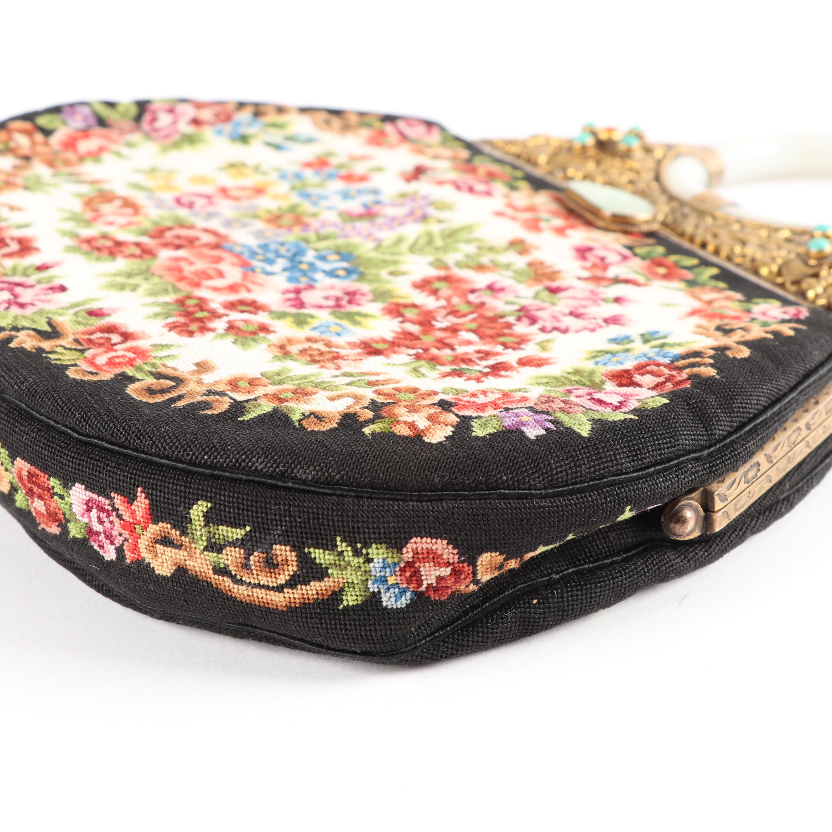 Vintage Needlepoint Purse with Jadeite Handle and Gemstone Accents