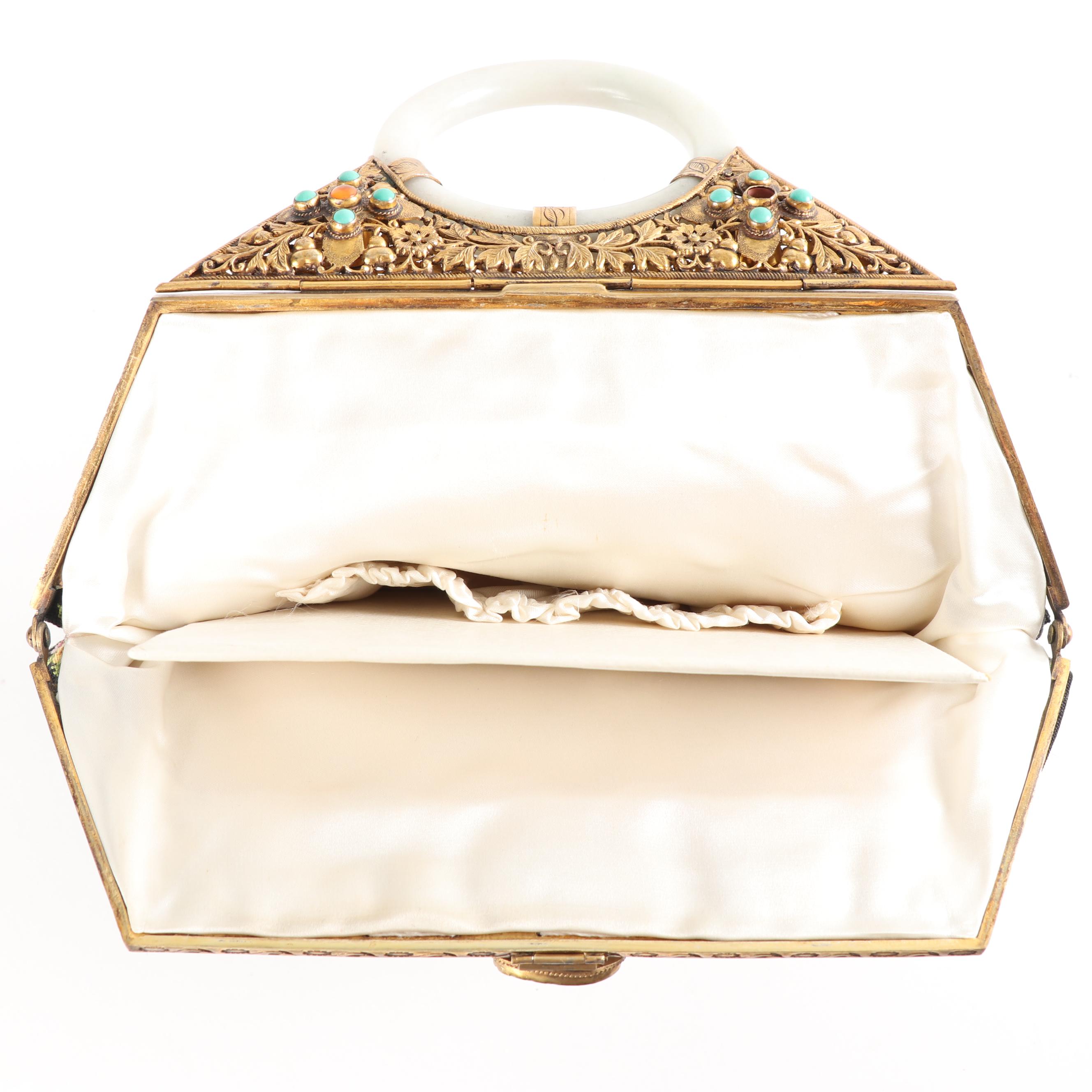 Vintage Needlepoint Purse with Jadeite Handle and Gemstone Accents