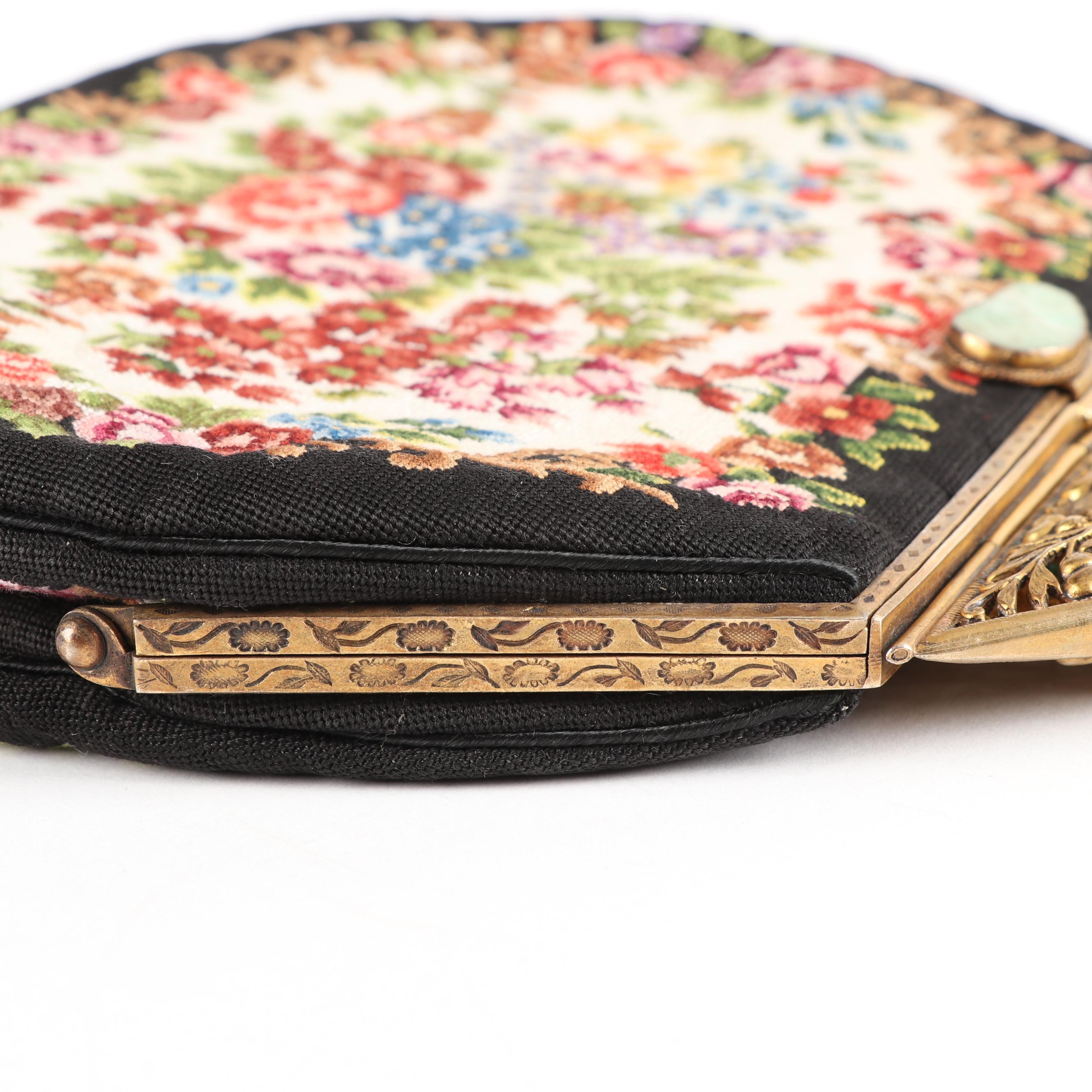 Vintage Needlepoint Purse with Jadeite Handle and Gemstone Accents