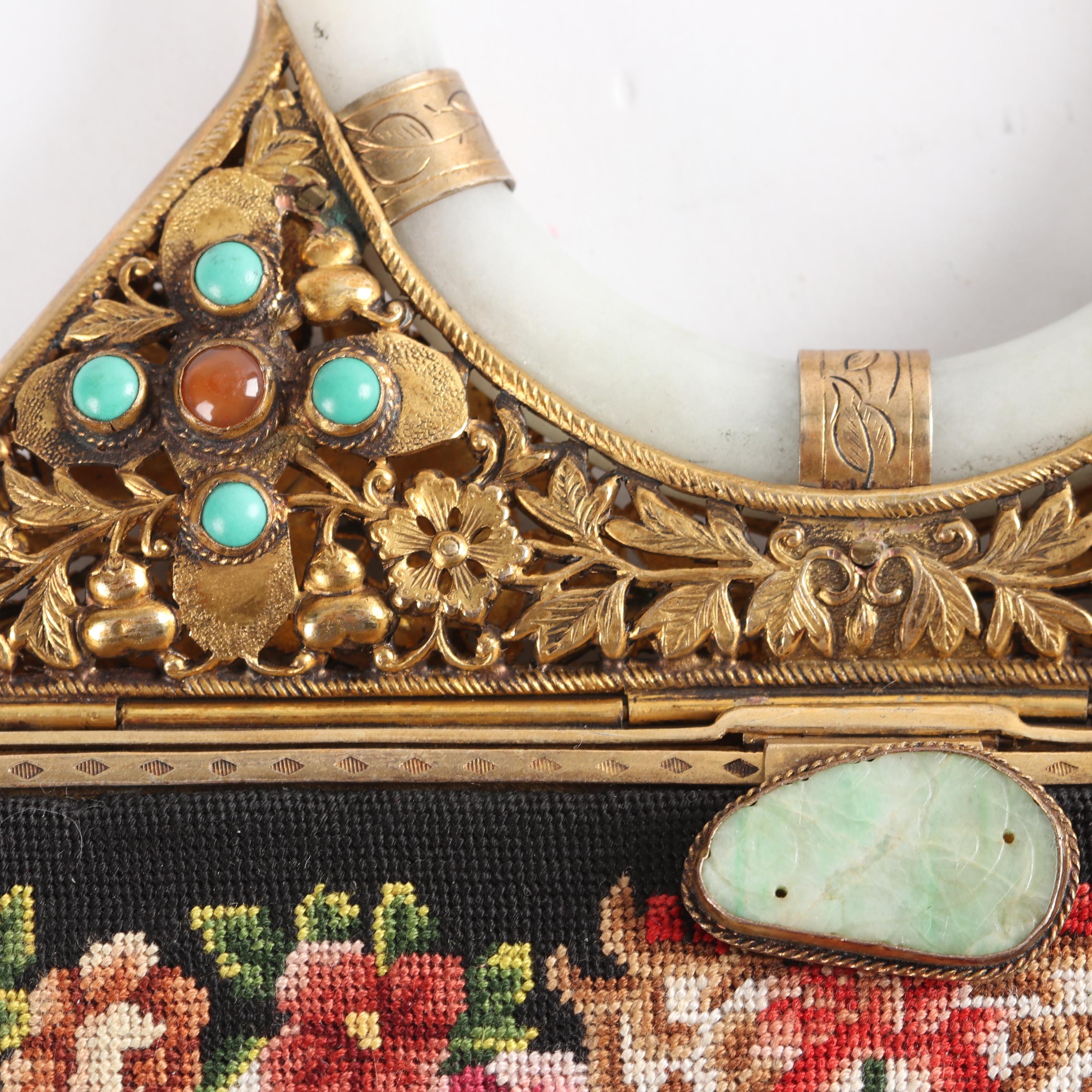 Vintage Needlepoint Purse with Jadeite Handle and Gemstone Accents