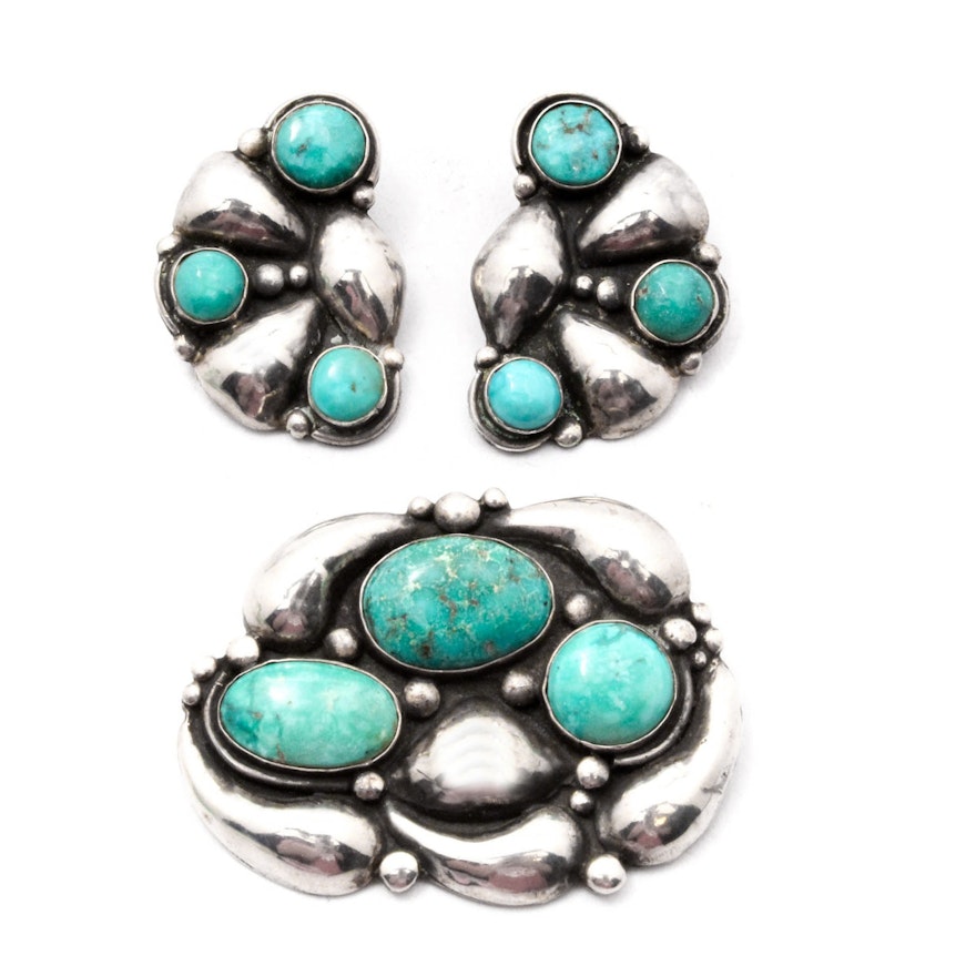 Allen Pooyouma Hopi Sterling Silver Dyed Turquoise Earring and Brooch Set