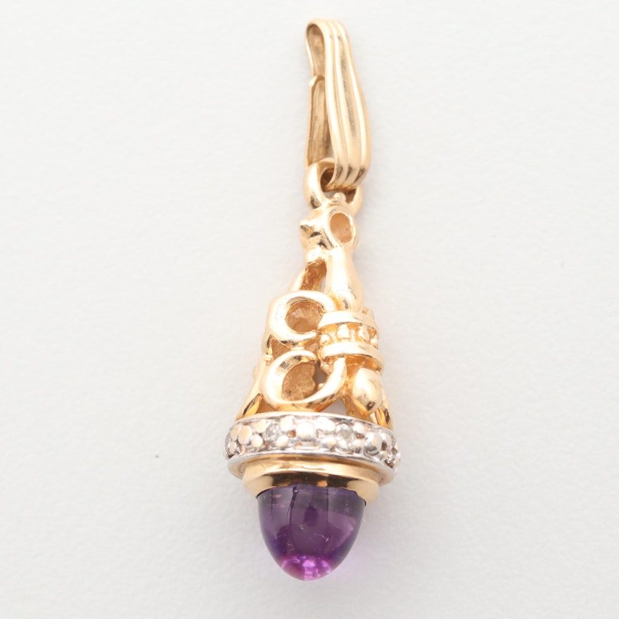 14K Yellow Gold Diamond and Amethyst Pendant