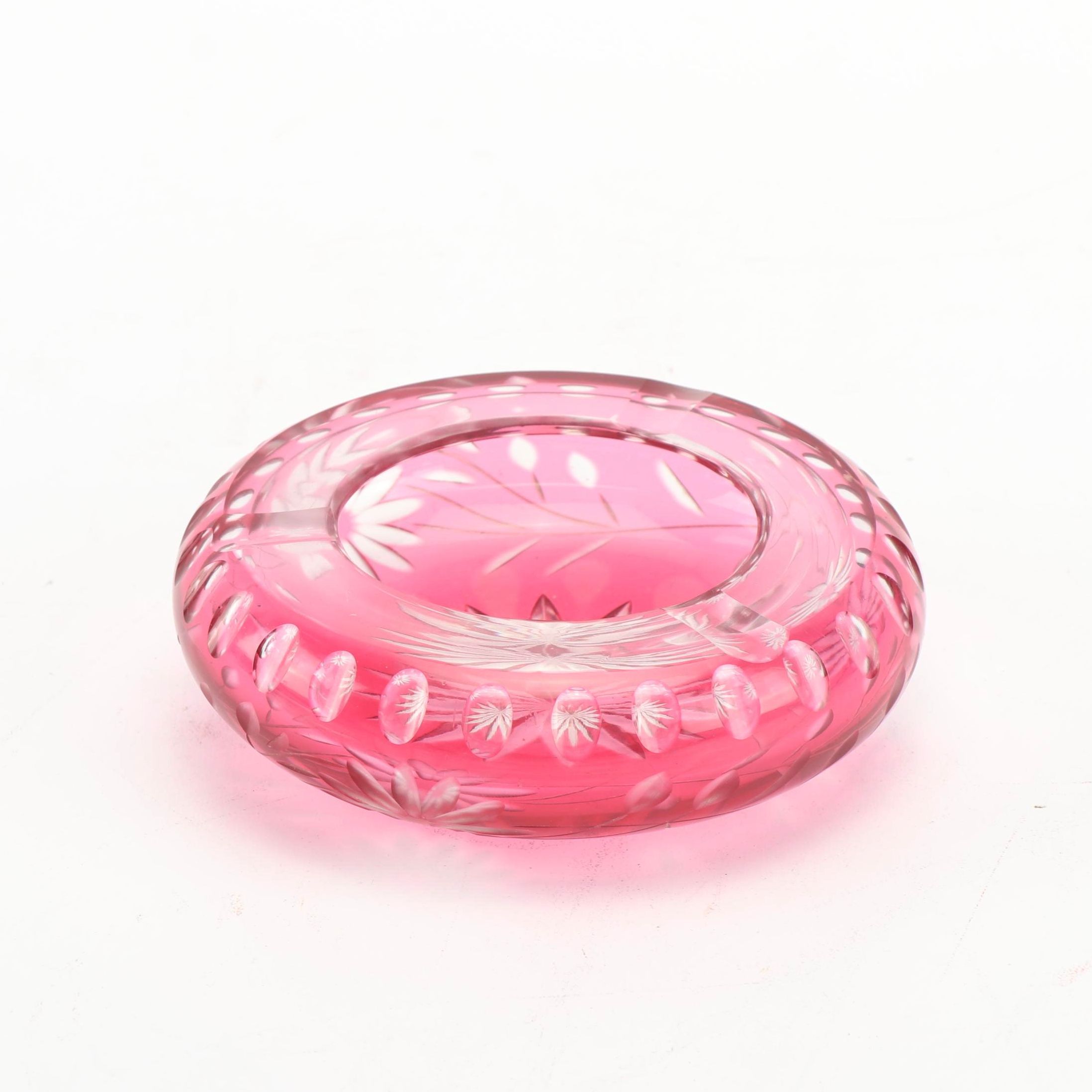 Vintage Cased Cranberry Cut To Clear Crystal Ash Receiver