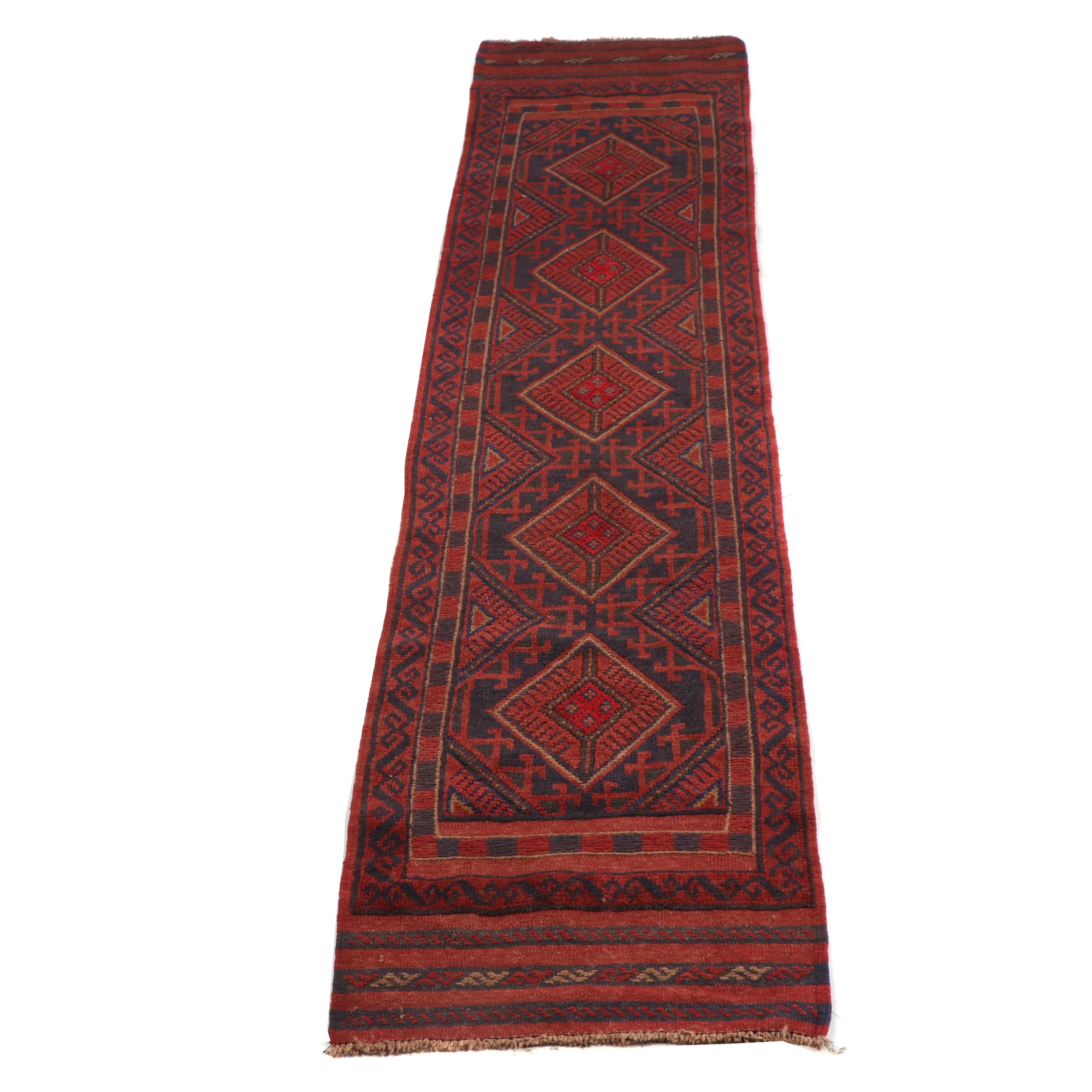 Hand-Knotted and Embroidered Baluch Mashwani Wool Carpet Runner