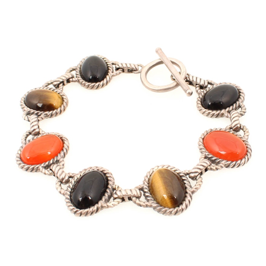 Sterling Silver Onyx Tiger's Eye and Carnelian Gemstone Bracelet