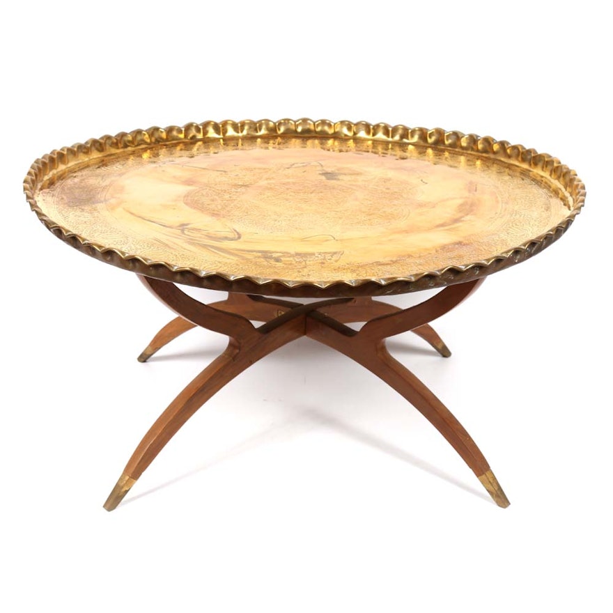 Mid-Century Moroccan Style Brass Tray Spider Leg Table