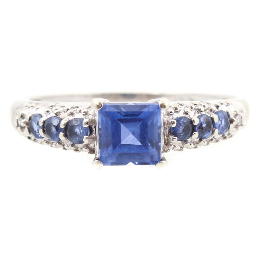 10K White Gold Synthetic Sapphire and Diamond Ring