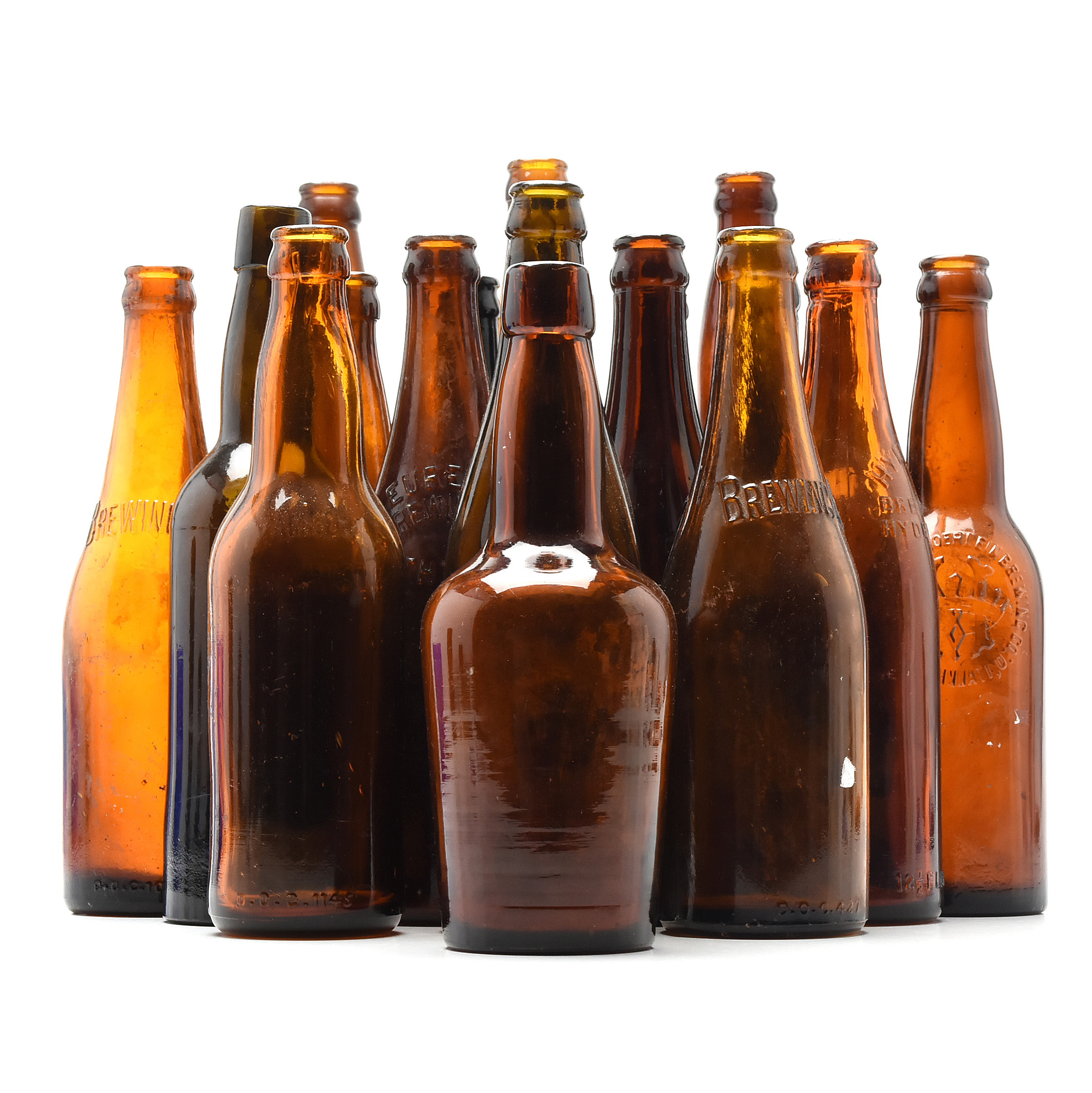 Antique Circa 1890 Amber Beer Bottles and Split Oak Basket