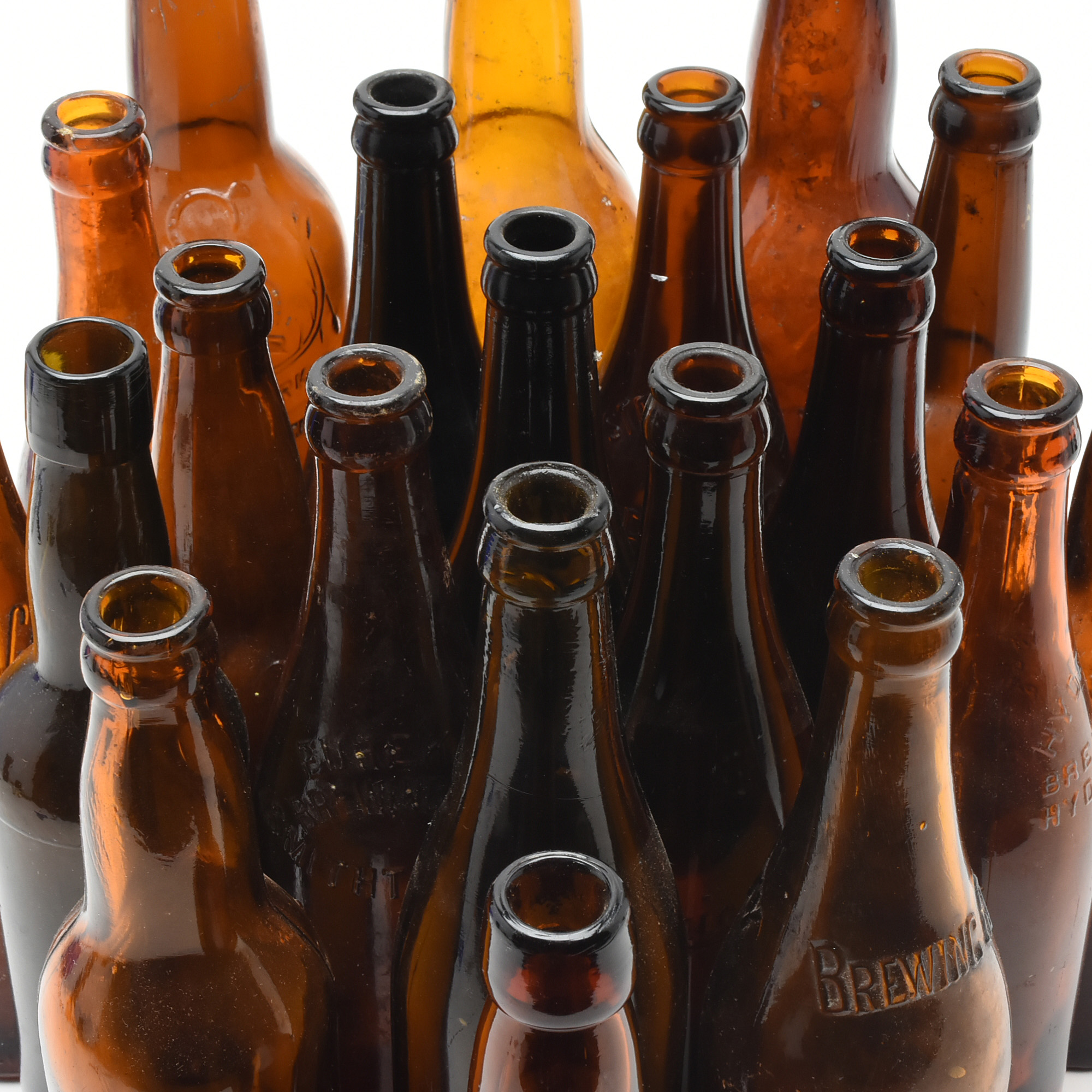 Antique Circa 1890 Amber Beer Bottles and Split Oak Basket