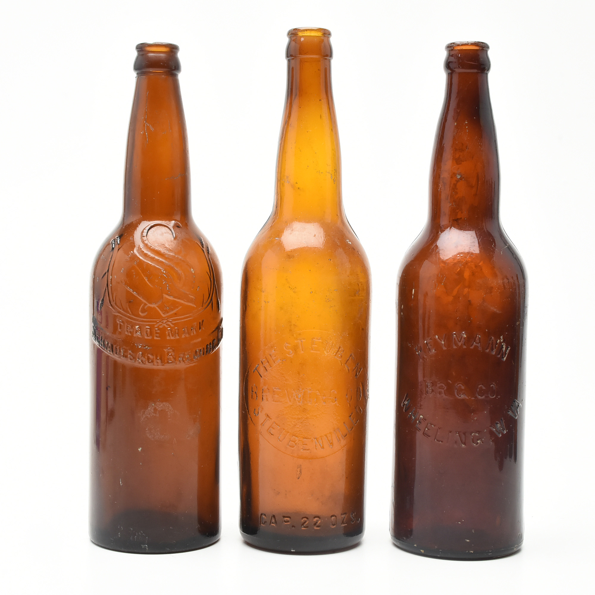 Antique Circa 1890 Amber Beer Bottles and Split Oak Basket