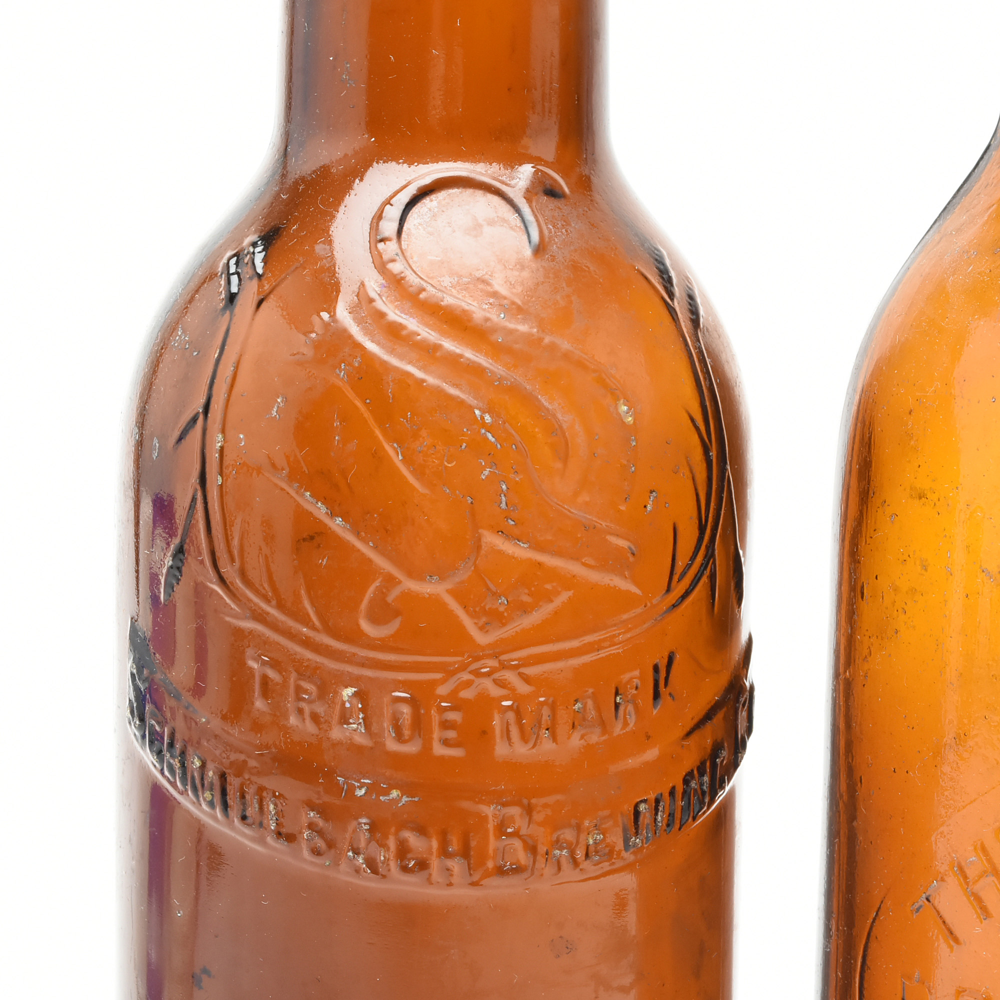 Antique Circa 1890 Amber Beer Bottles and Split Oak Basket