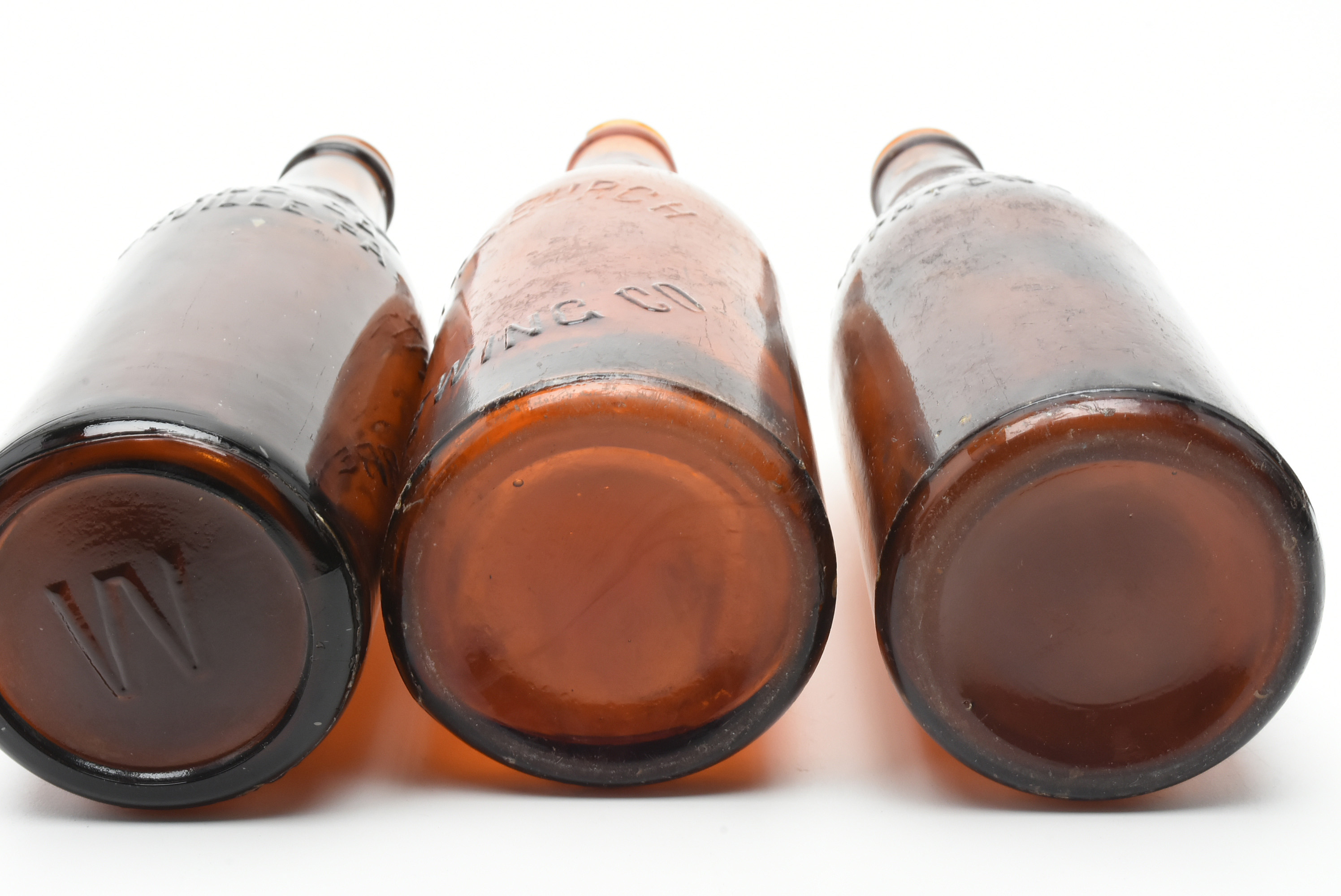 Antique Circa 1890 Amber Beer Bottles and Split Oak Basket