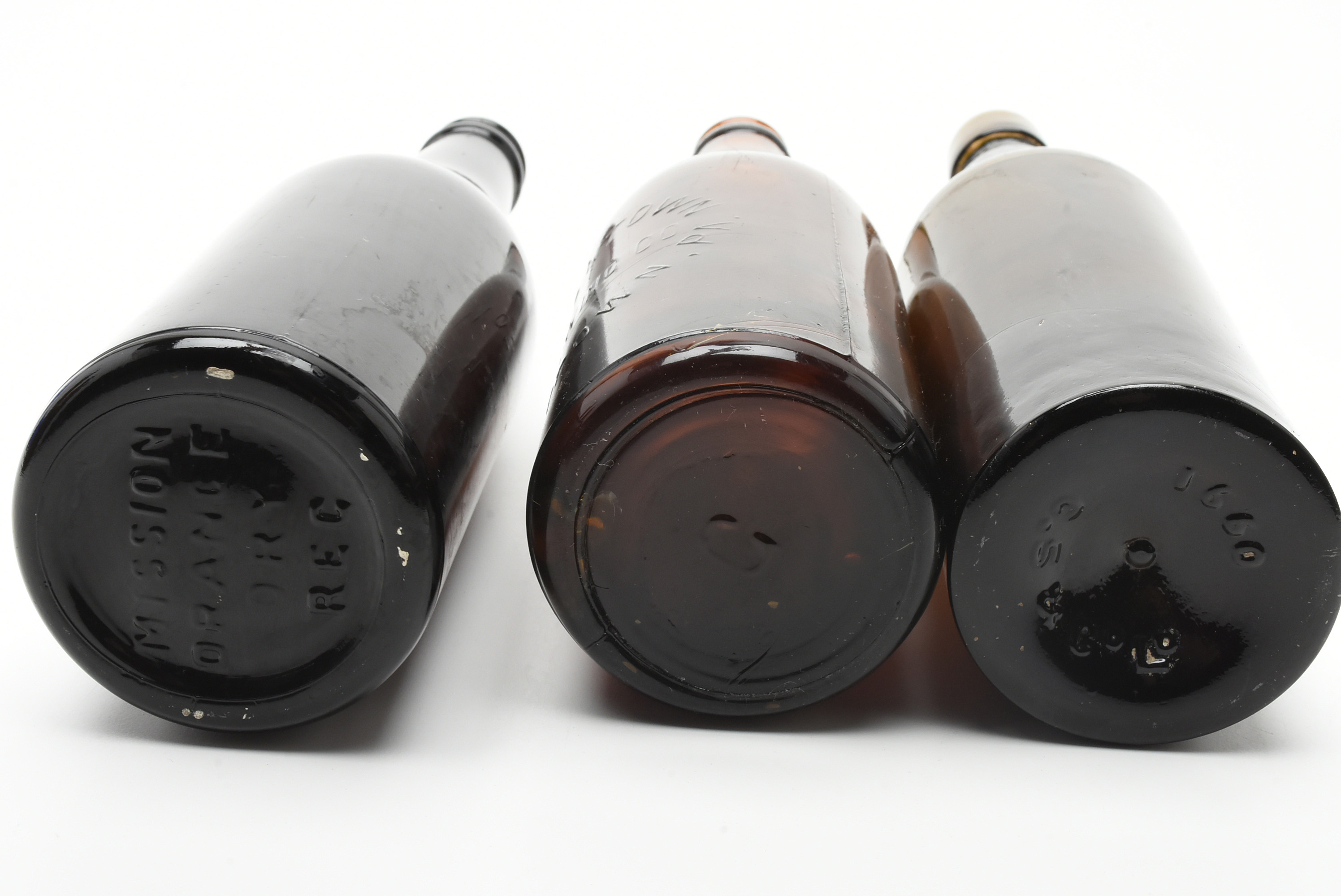 Antique Circa 1890 Amber Beer Bottles and Split Oak Basket