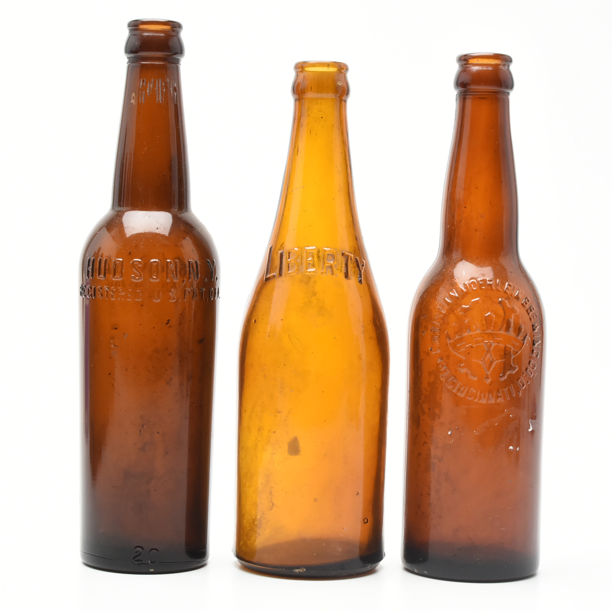 Antique Circa 1890 Amber Beer Bottles and Split Oak Basket