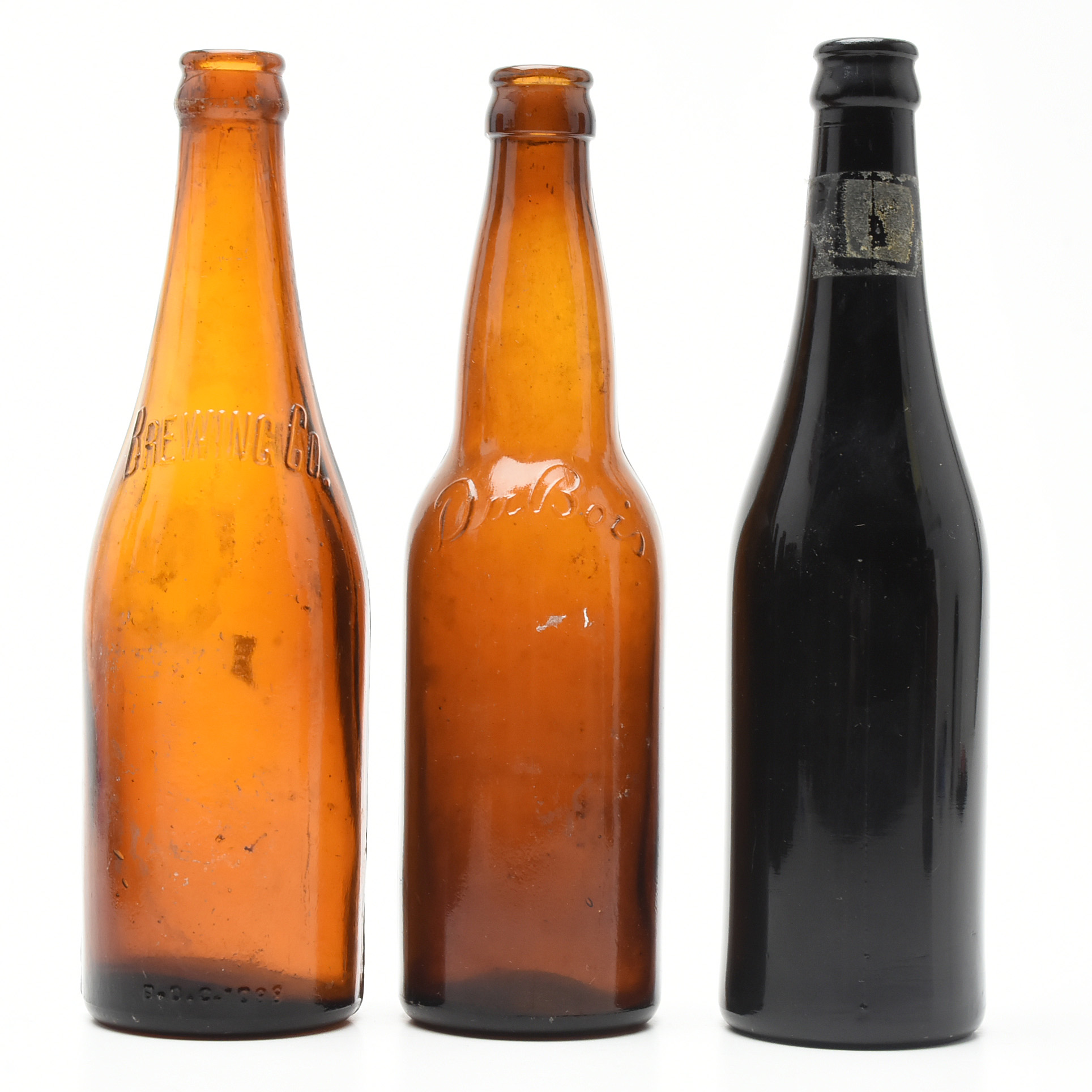 Antique Circa 1890 Amber Beer Bottles and Split Oak Basket