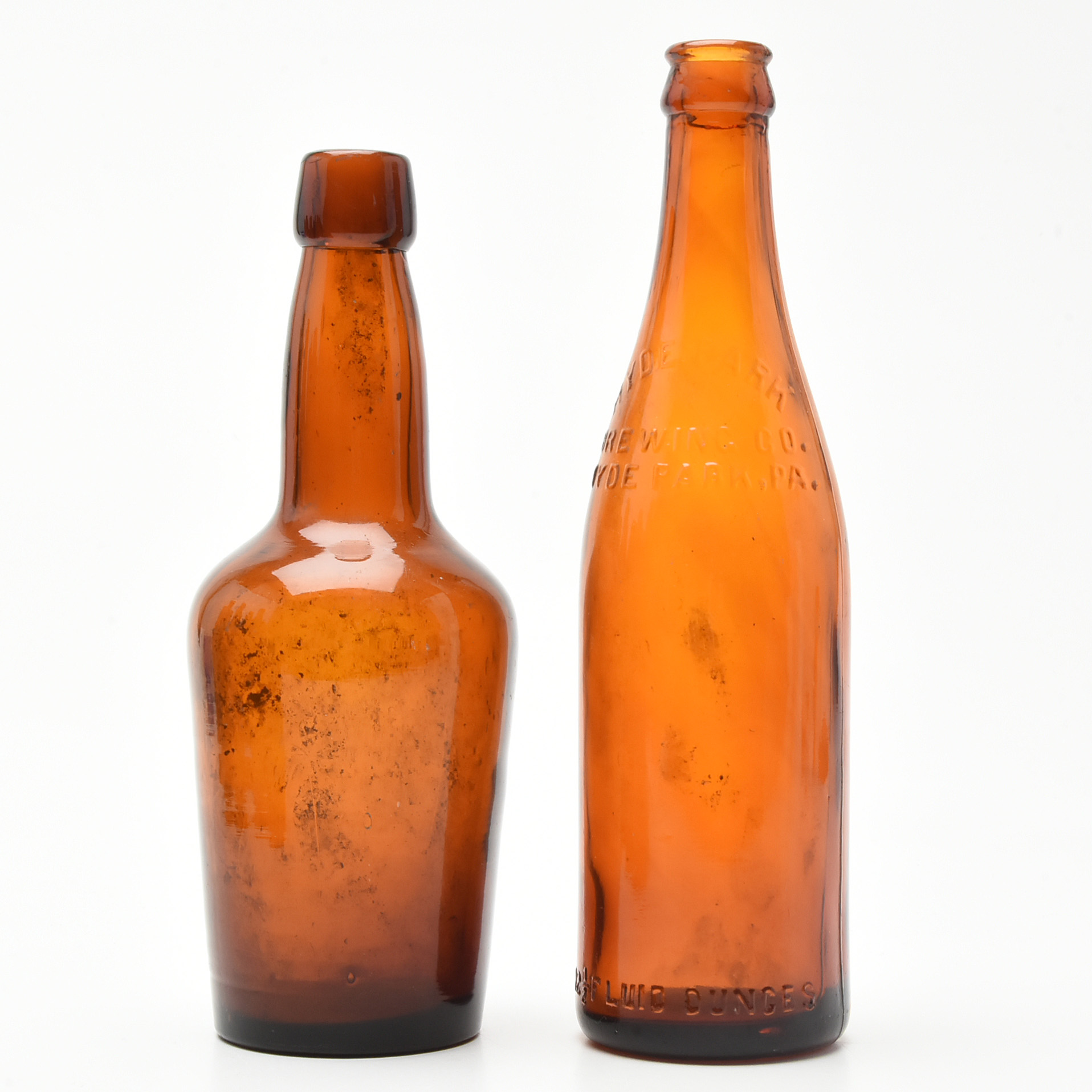Antique Circa 1890 Amber Beer Bottles and Split Oak Basket